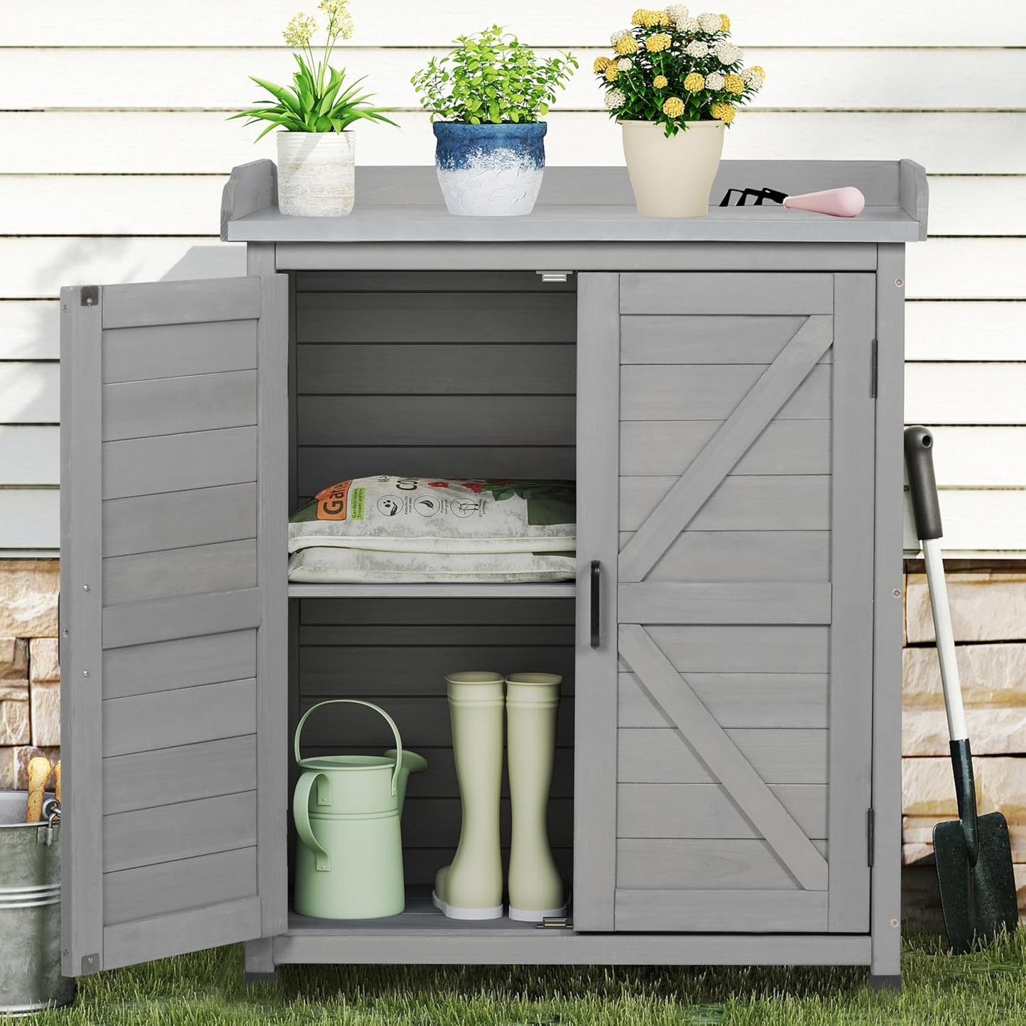 Outdoor Storage Cabinet & Potting Bench Table with Metal Top, Wooden Patio Furniture, Garden Workstation (Classic Grey, 39x31.5x17in)