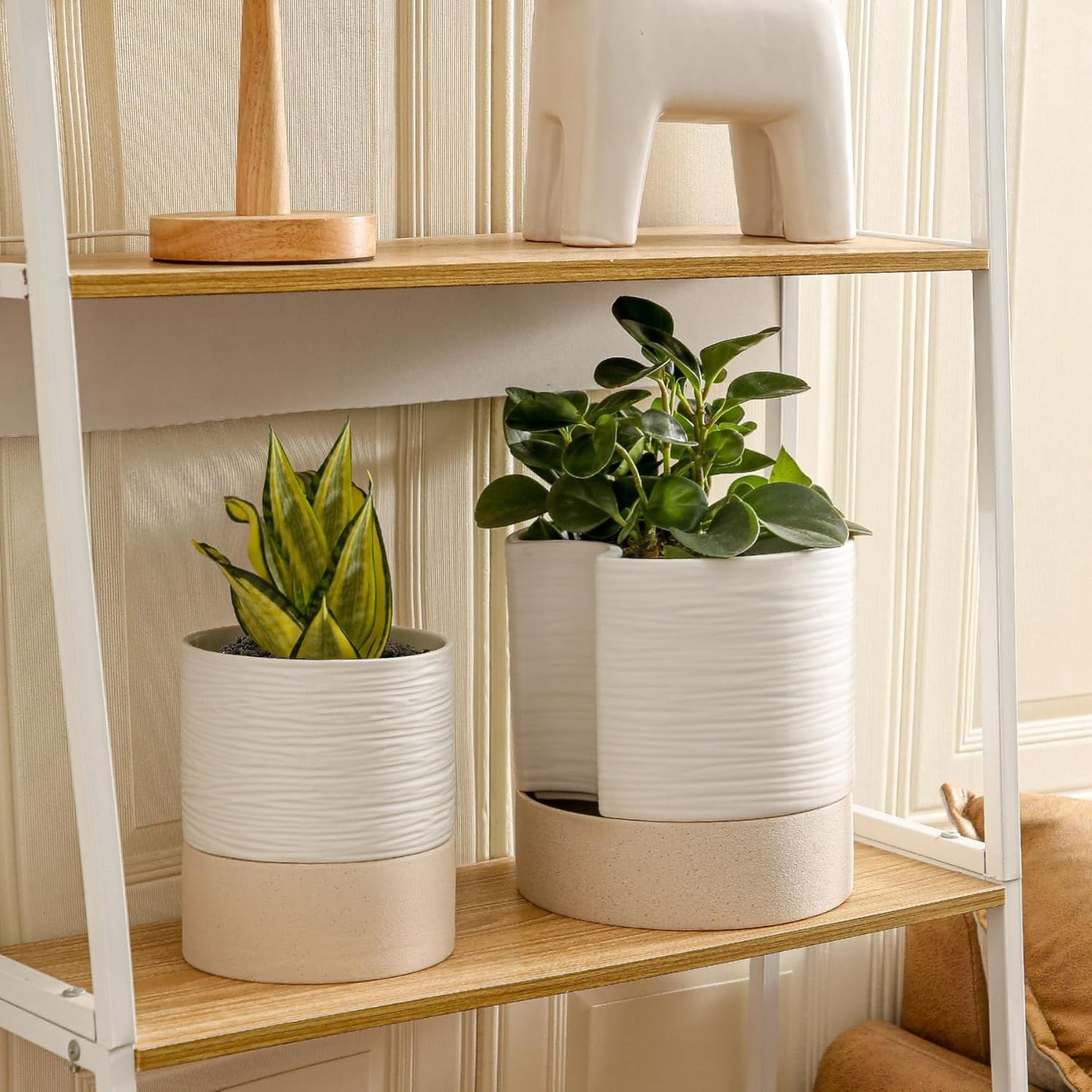 Nihow Self Watering Plant Pot: 8 Inch Ceramic Planter with Drainage Hole & Water Storage Plus for Indoor & Outdoor Plants - Cylinder Round Flower Pot for Succulent/Herbs/Violets - White & Brown