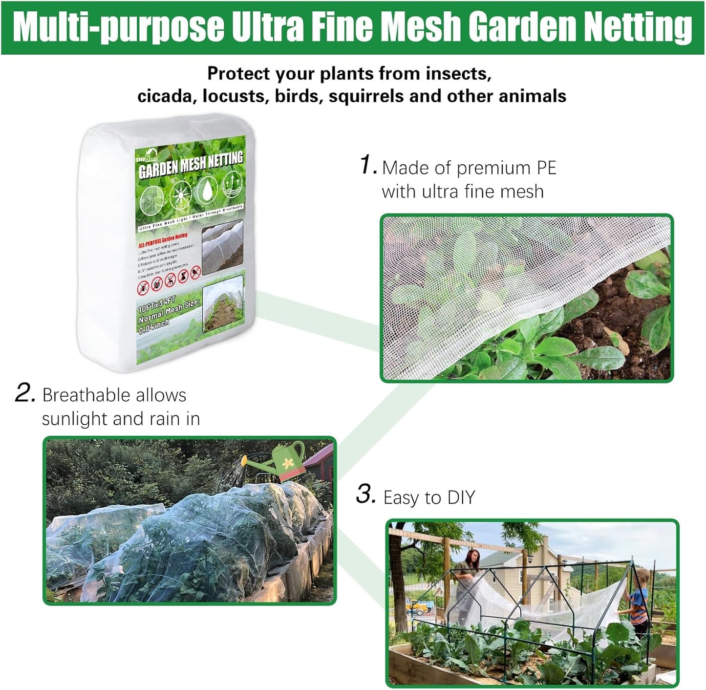 SnugNiture 3 Pack Garden Netting 10x34FT Ultra Fine Mesh Mosquito Netting Plant Covers, White Bird Netting Barrier Greenhouse Row Cover Protect Fruits Flower Vegetables from Birds Deer & Squirrels