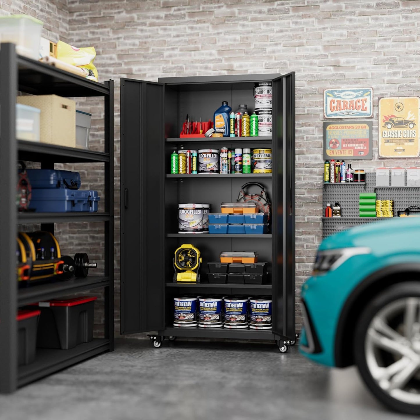 73" H Metal Garage Storage Cabinet with Wheels,Rolling Tool Storage Cabinet with 2 Doors and 4 Adjustable Shelves for Garage,Home,Office,Warehouse,Workshop, Required-Assembly,Black