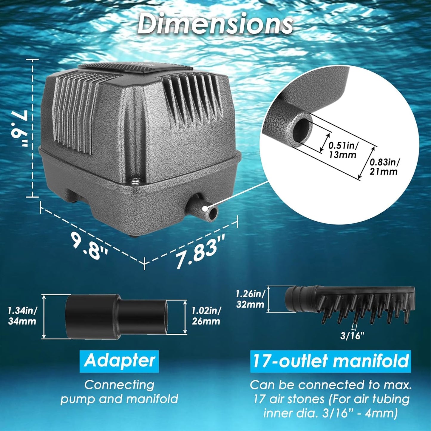 Powerful Linear Air Pump, KP-80 Pond Air Pump Pond Aerator, 1350GPH Aeration System for Koi Pond Aeration, Aquarium, Waste Treatment, Fish Farm, Seafood Restaurant
