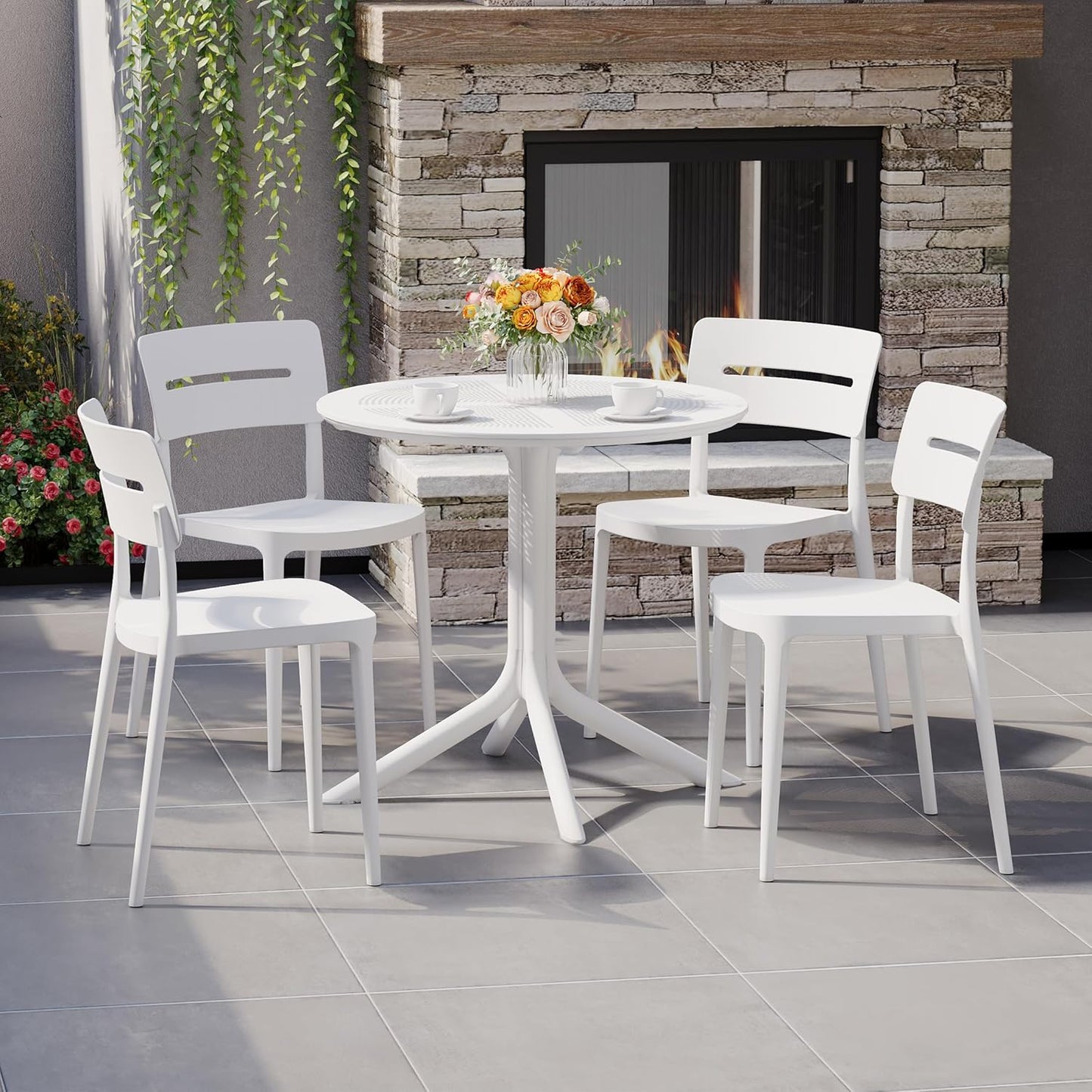 Dining Set for 4, HDPE Patio Round Dining Table and Stackable Comfortable Dining Chair, Outdoor Small Patio Furniture Set All Weather for Backyard Porch Poolside, White