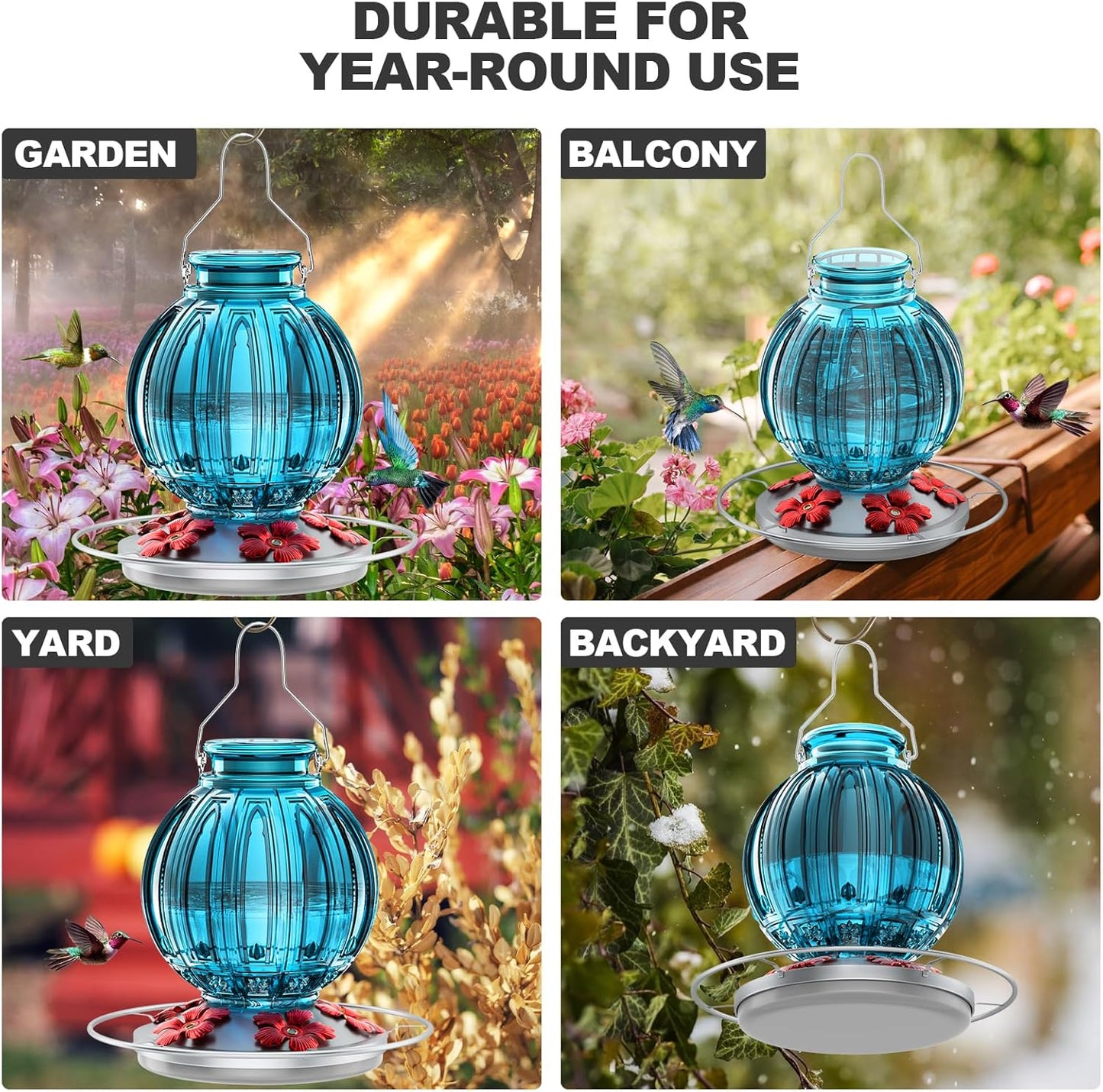 Glass Hummingbird Feeder for Outdoors Hanging, 26Oz Bird Nectar Feeder with Perch & 5 Flower Feeding Ports, Leak Proof for Outside Garden Decor Backyard, Gifts for Women Mom, Blue