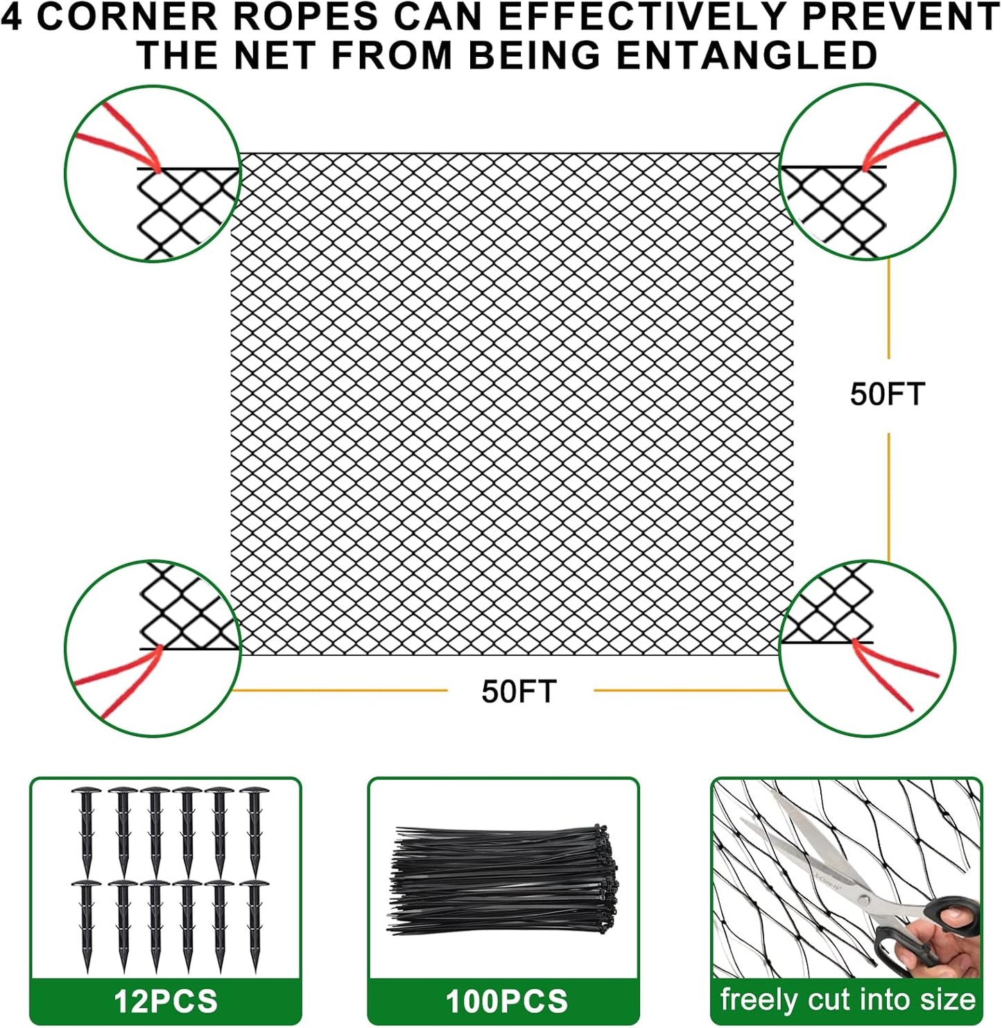 Bird Netting 50'x50 Hawk Net to Protect Chickens, Nylon 3/4" Mesh Poultry Netting for Chicken Coop Roof, Trellis Netting for Fruits Trees Plant