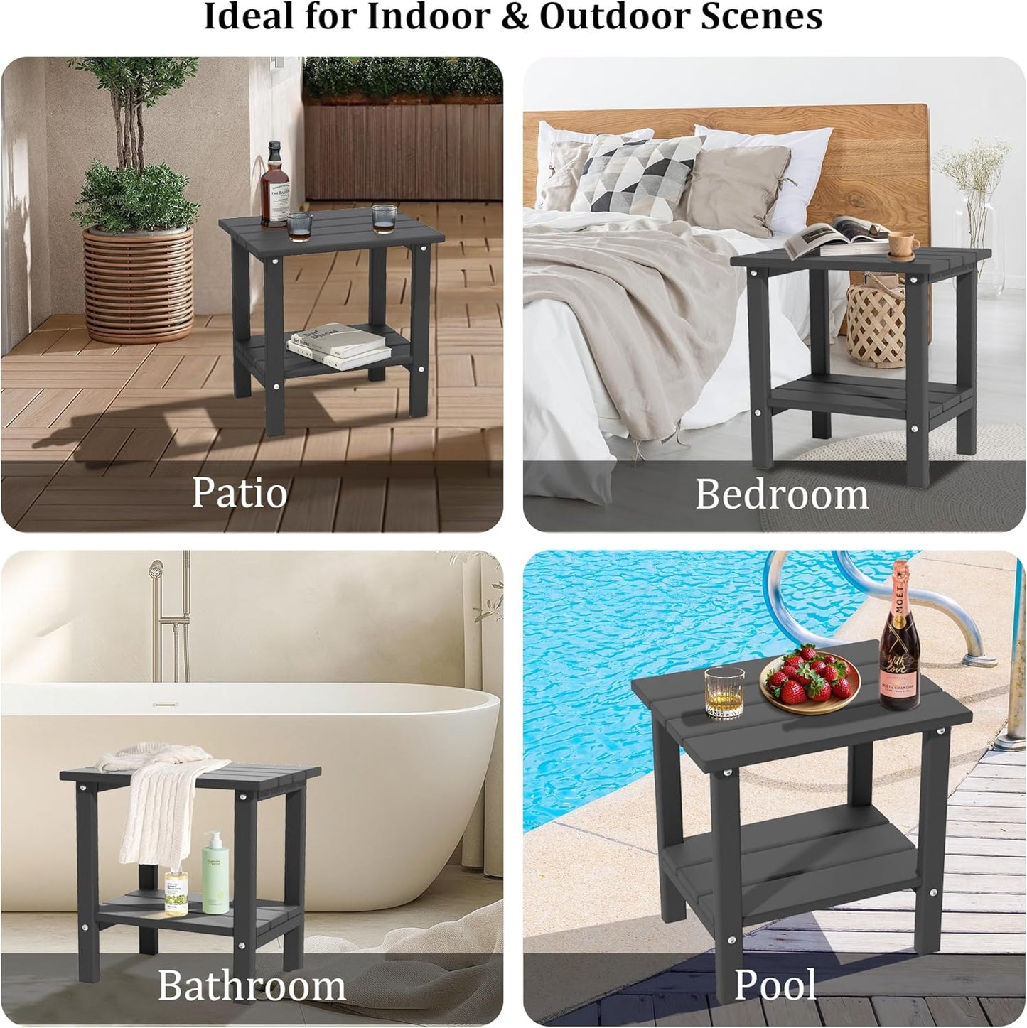 Weather Resistant Outdoor Side Tables Set of 2, Adirondack HDPE Small Outdoor Table, 2-Tier Small Patio Tables for Outside or Indoor,Gray