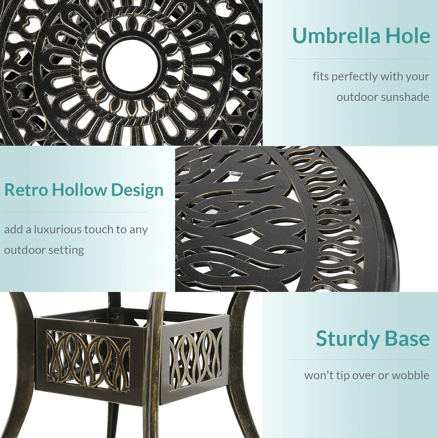 MEETWARM 3 Piece Patio Bistro Set, Outdoor All-Weather Cast Aluminum Dining Furniture Set Includes 2 Chairs with Cushions and a 35.4” Round Table with Umbrella Hole for Garden Deck