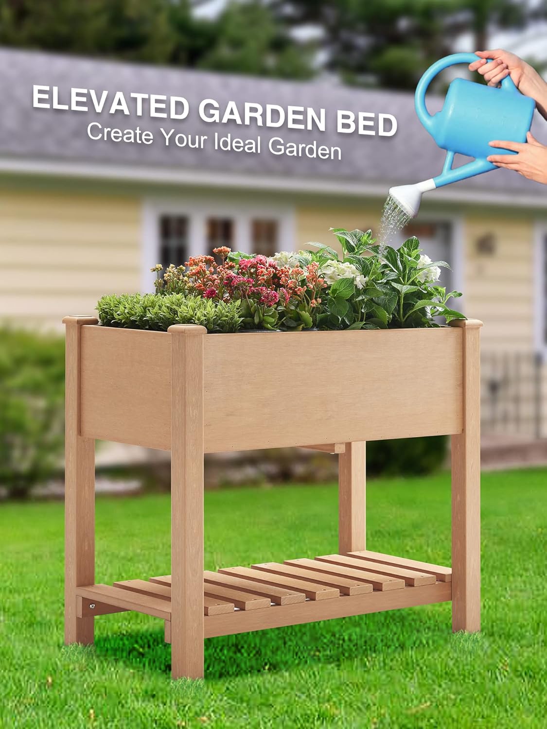 Psilvam Planter Box Raised Garden Bed, Poly Lumber Raised Garden Beds Outdoor with Storage Racks and Tarps, Superior to Cedar Elevated Garden Bed, for Balcony and Porch, 350 lbs Load (Teak Color)
