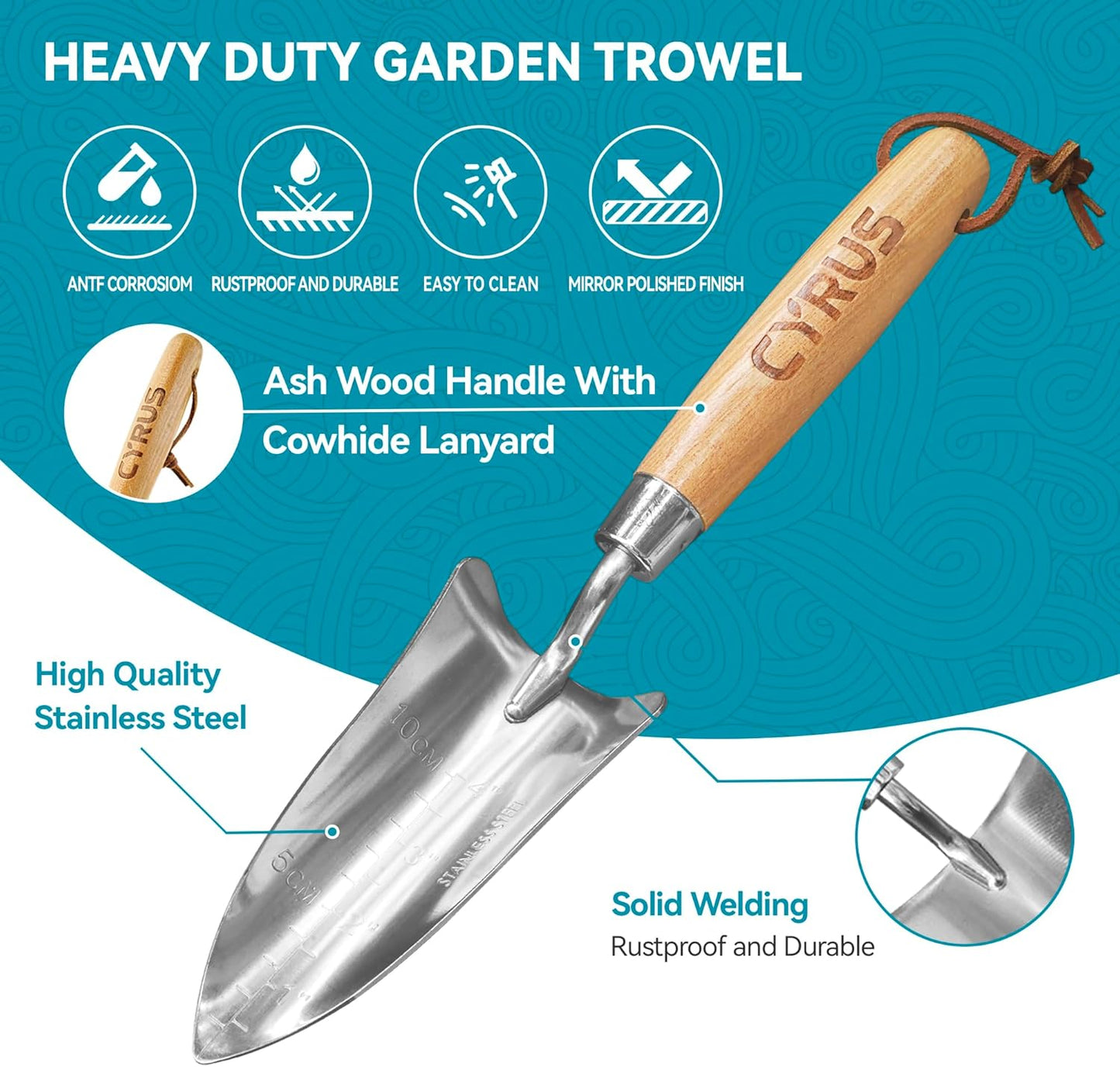 CYRUS 12.4”Garden Shovel,Heavy Duty Small Stainless Steel Garden Trowel with Ash Wood Handle,Suitable for Planting,Measuring,Weeding Multi-Purpose Garden Spade