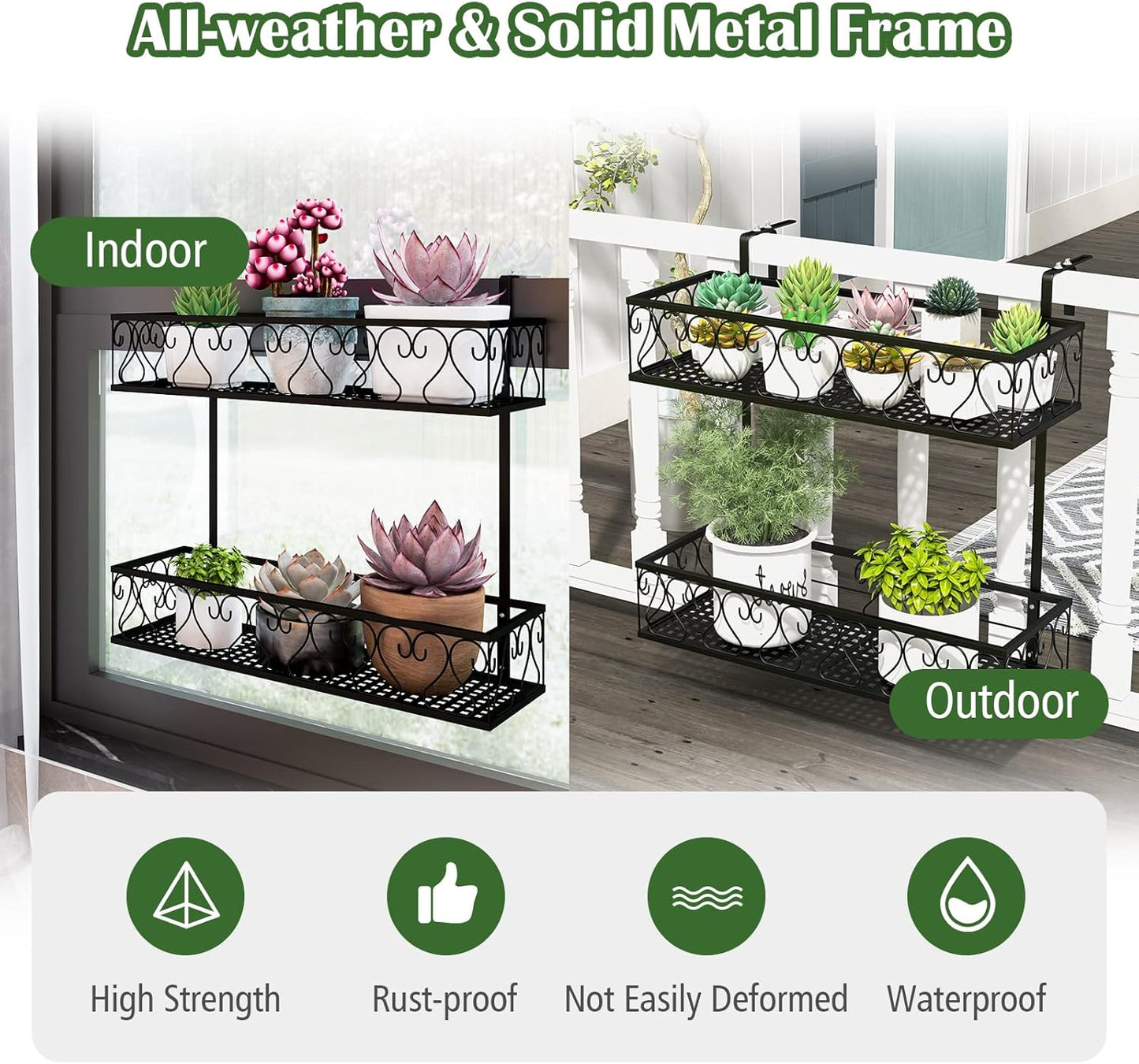 LDAILY 2-Tier Hanging Flower Rack, Hanging Flower Pot Holder w/Adjustable Hooks, Railing Basket Shelf Metal Potted Plant Container for Balcony, Porch & Fence, Easy Assembly, Black