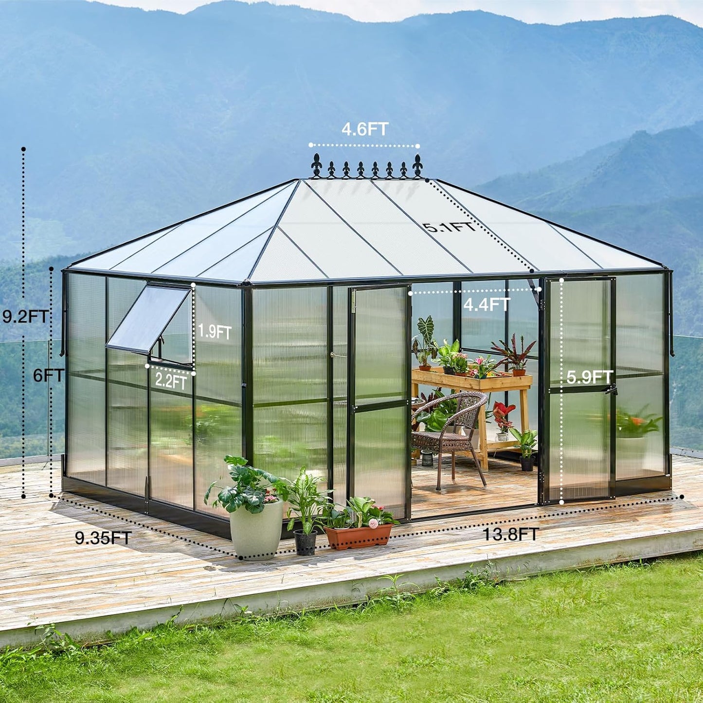 AMERLIFE 14x9.5x9FT Walk-in Polycarbonate Greenhouse with Quick Connector, Fast Assembly Aluminum Greenhouse for Outdoors, Swing 2 Doors, Black