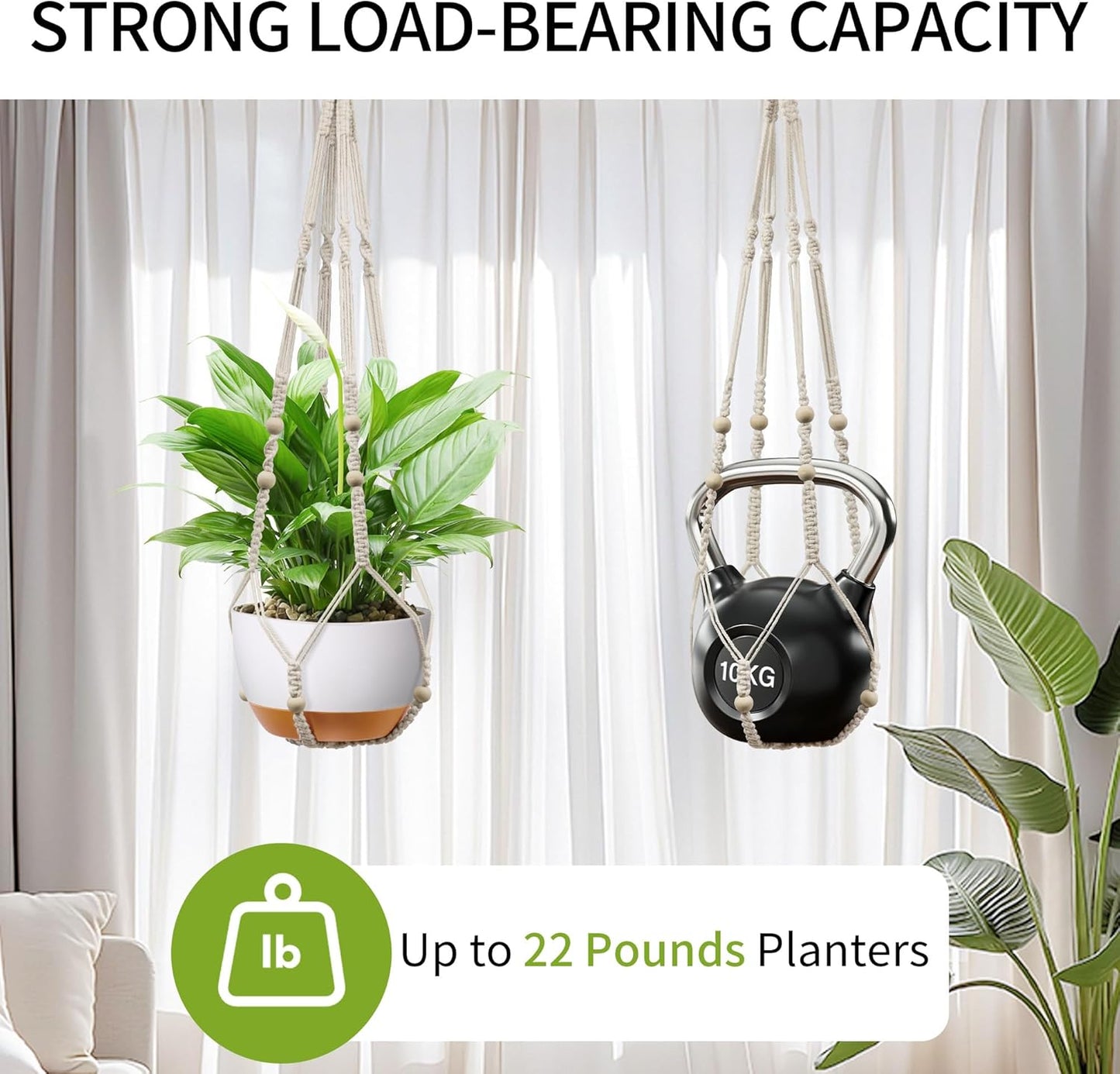 35 Inch Macrame Plant Hanger - Fits 4-13 Inch Pots, Supports Up to 22lbs, Sturdy Hanging Planter Holder for Indoor Outdoor, Boho Home Decor, 2 Pack, Ivory (POTS NOT Included)