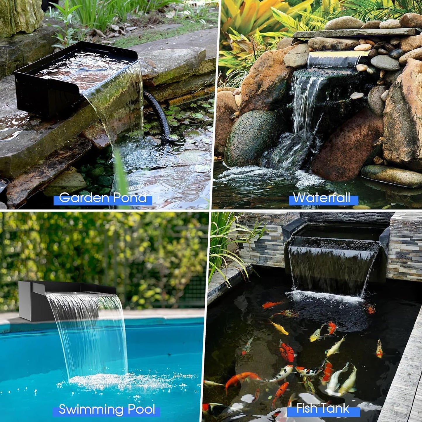 POPOSOAP 55W Solar Fountain Pump with Pond Waterfall Box, 304 Stainless Steel Pond Waterfall Spillway, Pond Spillway with 9.8FT PU Corrugated Tubing for Garden Waterfall,Water Features-P5552