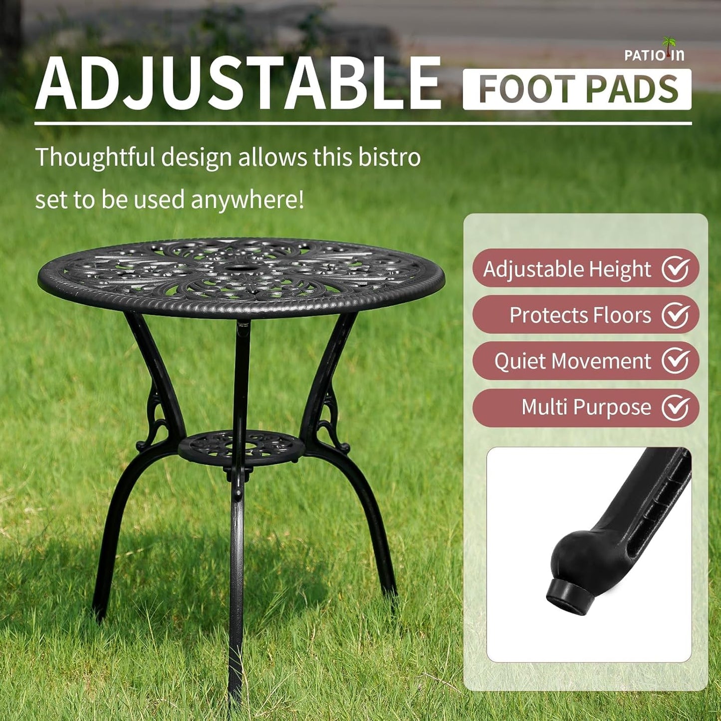 3 Piece Outdoor Bistro Set, Rustproof Outdoor Patio Furniture, Cast Aluminum Bistro Table Set with Umbrella Hole for Backyard, Balcony, Front Porch, Lawn, Pool (Black)