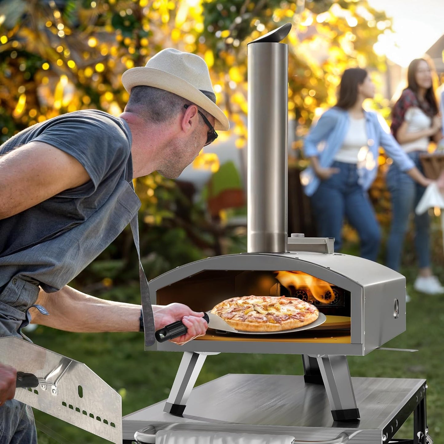 YTIAHOME Multi-Fuel Outdoor Pizza Oven with Rotating, 12" Wood and Gas Fired Pizza Oven with Built-in Thermometer, Dual Fuel Pizza Maker with Peel, Stone, Carry Cover, Recipes for Backyard Camp