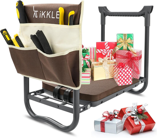 ikkle Garden Kneeler and Seat Gardening Stool Kneeler Folding Gardening Bench with Thicker Detachable Kneeling Pad and Tool Store Pouches (Brown)