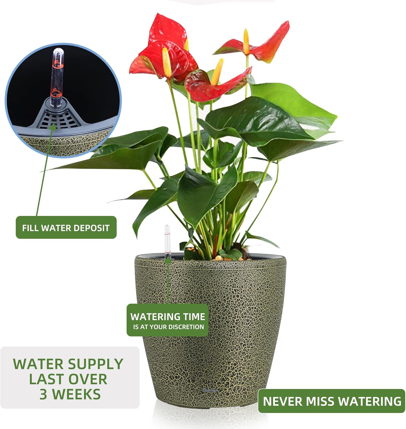 Dexceder 15x14 Self Watering Planter with Wheels Indoor Outdoor, Inner Pot Design, Thickened Large Floor Standing Flower Plant Pot with Water Level Indicator (Black Gold Crackle)