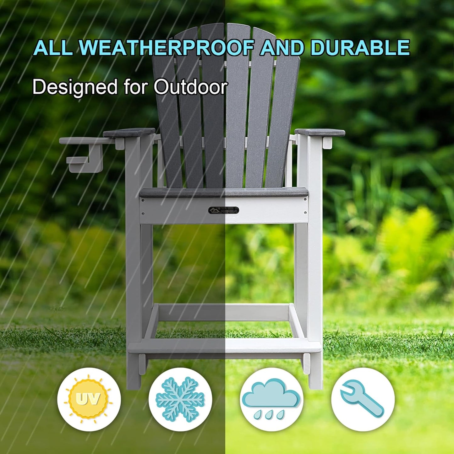 Tall Adirondack Chairs Set of 4 Adirondack Barstools, Weather Patio Garden Pool Fire Pit Balcony Outdoor Bar Stools HDPE Plastic Barstools with Backs for Garden, Backyard, Yard (Grey)