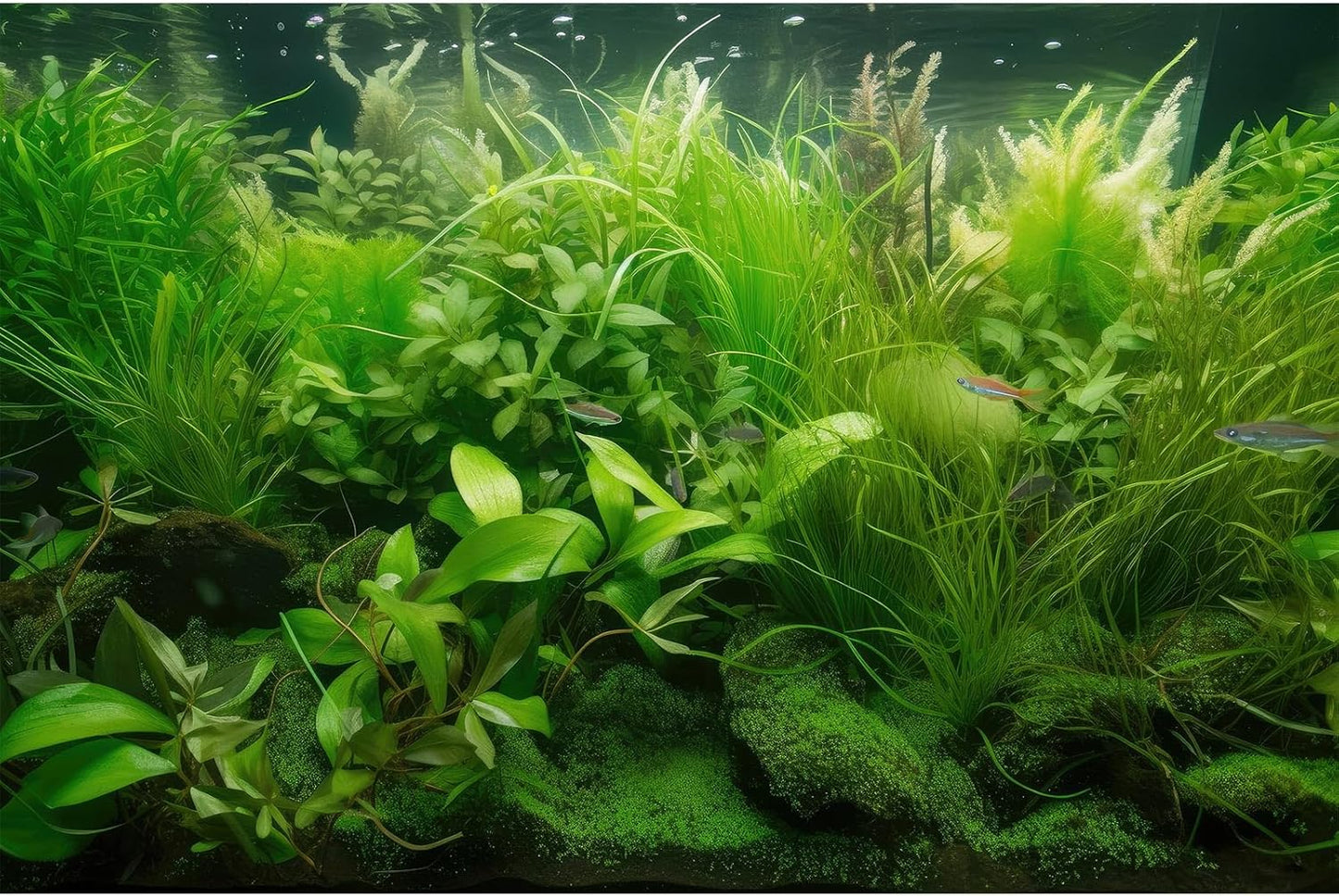 Aquarium Background Diverse Collection of Aquatic Plants Seagrasses Terrarium Background Redwood Root Moss Tropical Style Underwater Lush Green Plants Fish Tank Background Wallpaper Poster 72x24in