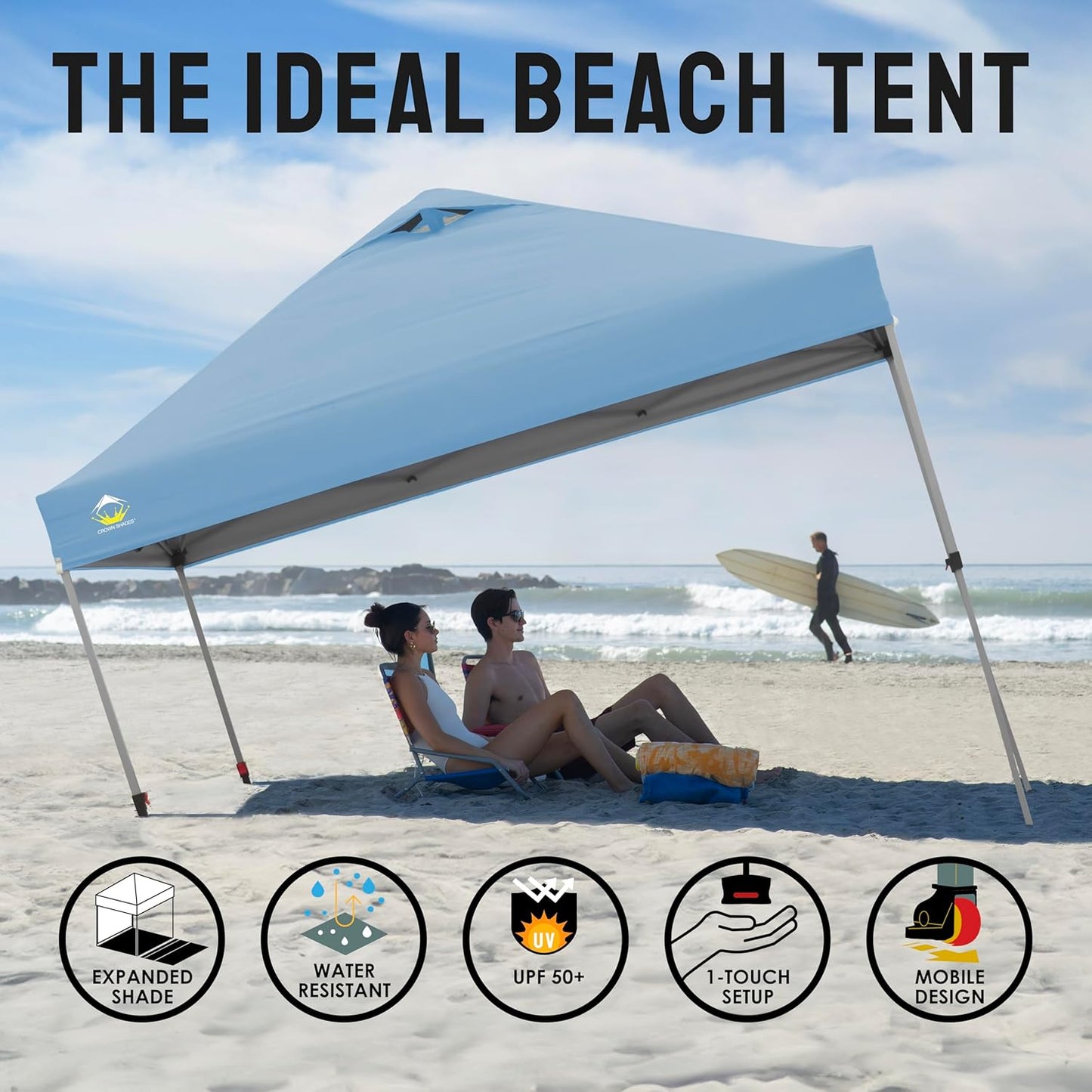 CROWN SHADES 10x10 Pop Up Canopy Tent - Patented Center Lock One Push Instant Outdoor Canopy Beach Tent with STO-N-Go Bag 8 Stakes & 4 Sand Bags，Cyan Blue