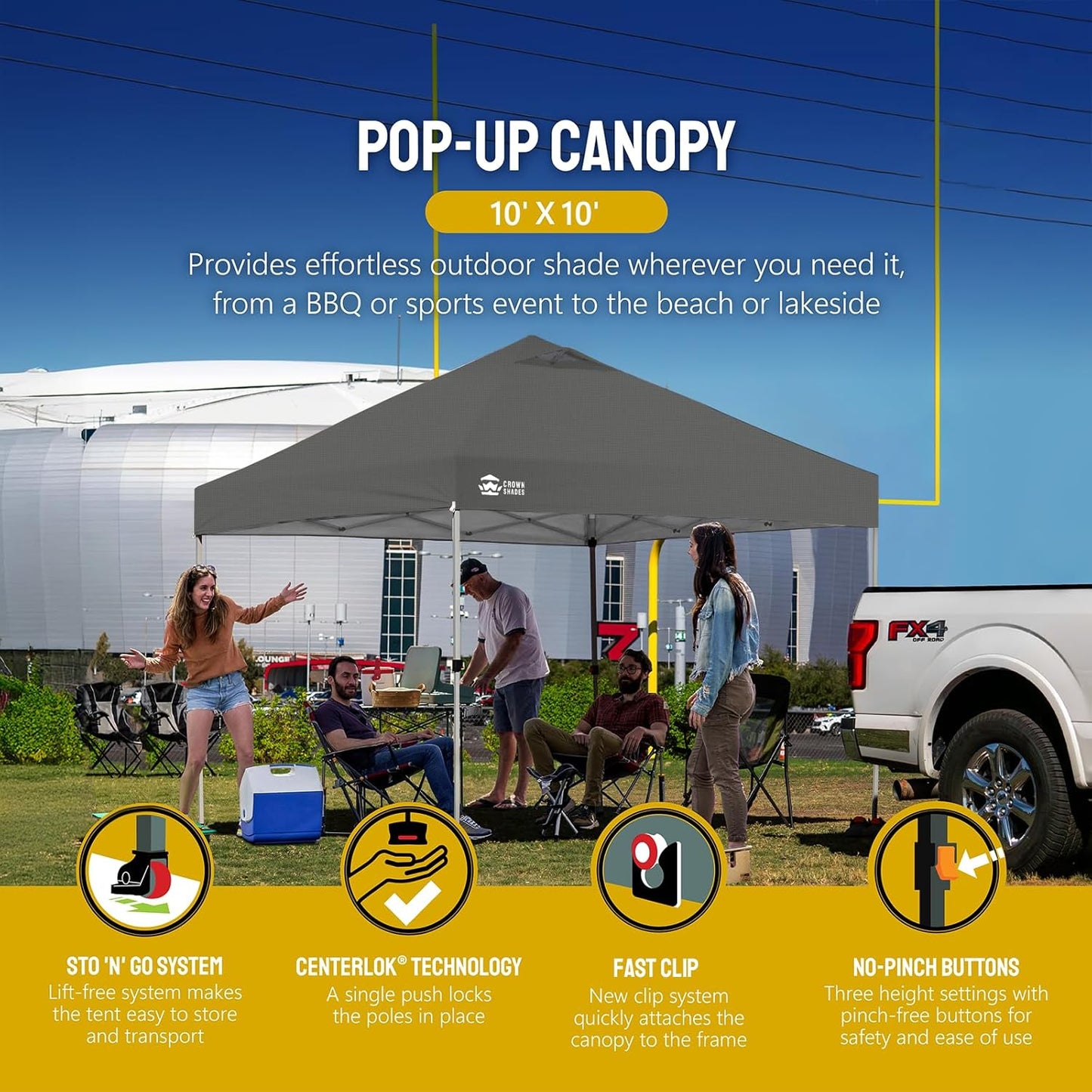 CROWN SHADES 10x10 Pop Up Canopy - Beach Tent with One Push Setup - Easy Outdoor Sun Shade Shelter for Events, Parties - Gazebo with STO-N-Go Cover Bag, Silver Coated Top, Grid Grey