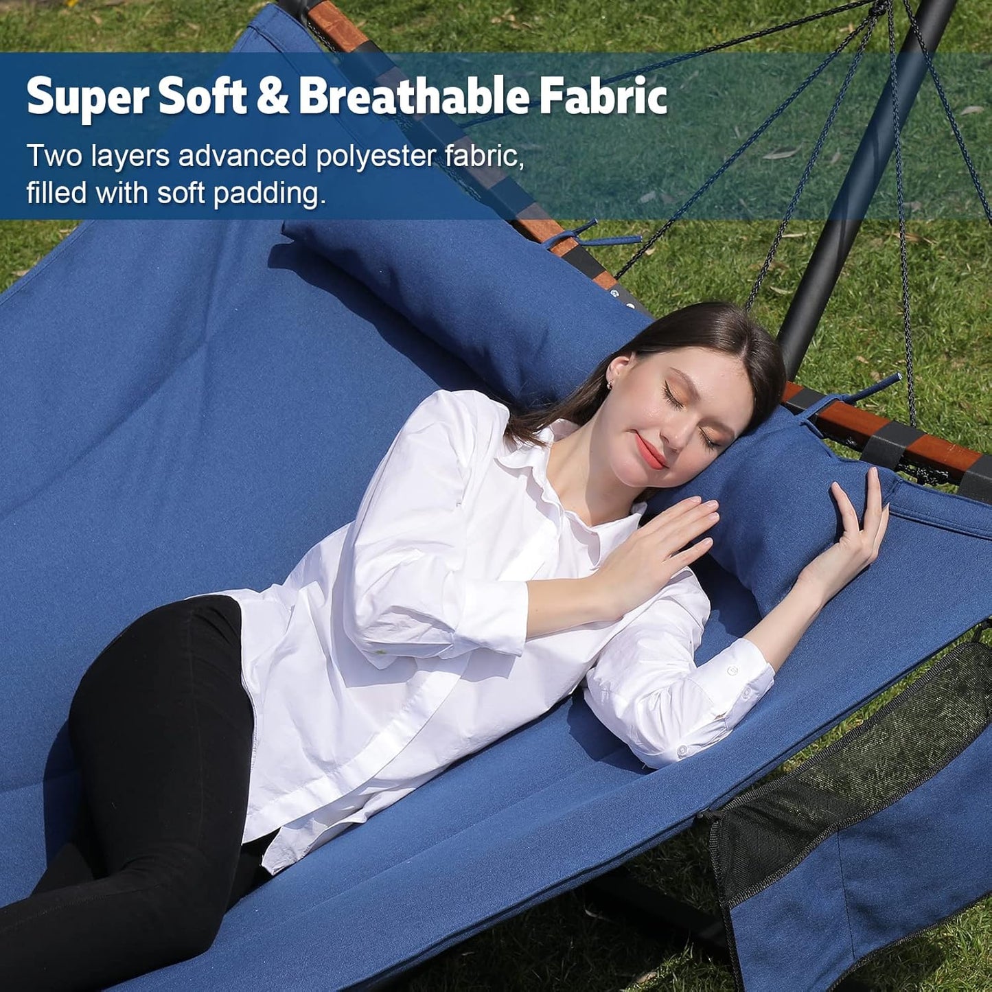 TegerDeger 12FT 2 Person Hammock with Stand Included 55 x 79IN Large Hammock 450LB Capacity with Hardwood Spreader Bar & Nylon Rope for Outside, Patio, Garden, Backyard, Beach, Poolside - Blue