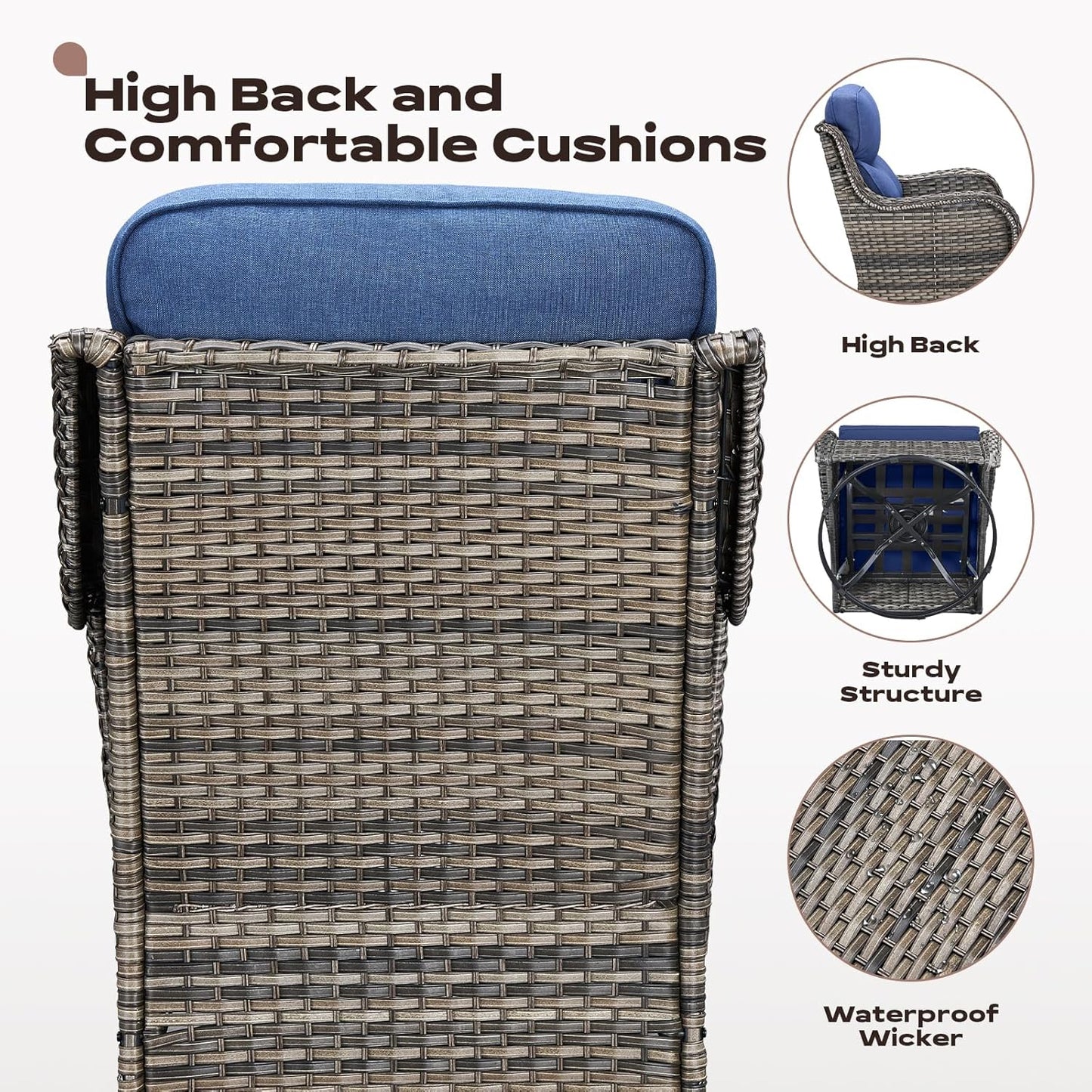 Wicker Outdoor Patio Furniture Set - 6 Piece Patio Conversation Sets with Swivel Rocker Chairs, Ottomans, Sofa and Table, 6 inch Cushions, Deep Seating, for Porch Deck Mixed Grey/Blue