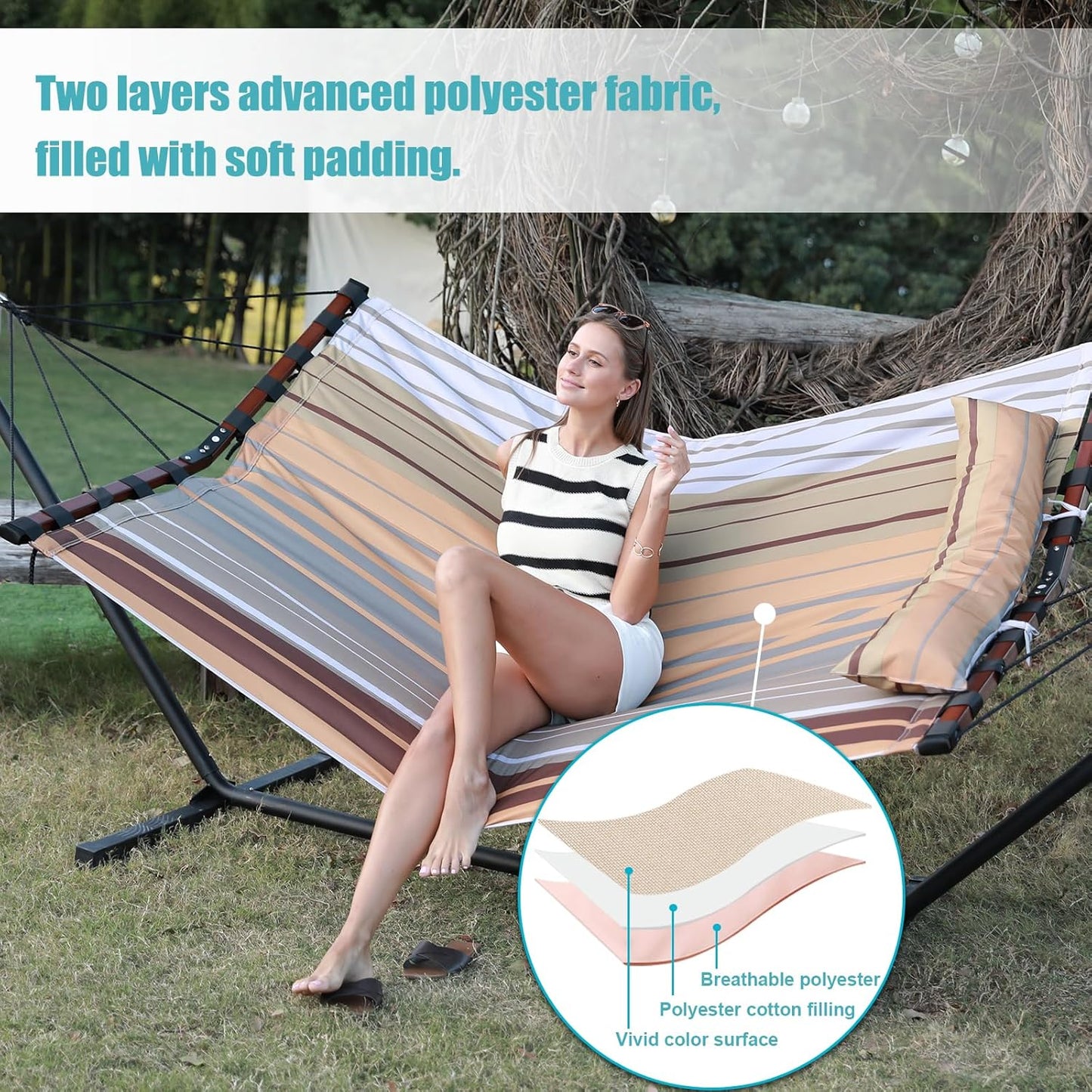 TegerDeger 12FT 2 Person Hammock Large Hammock 450LB Capacity with V Shaped Hardwood Spreader Bar & Nylon Rope for Outside, Patio, Garden, Backyard, Beach, Poolside - Fall Yellow Stripes