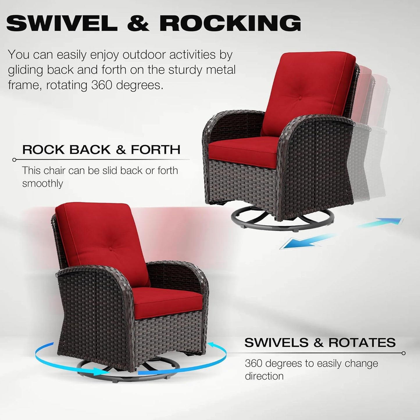 Joyside 6 Piece Patio Furniture Set, Outdoor Wicker Conversation Sets with Swivel Rocker Chairs and Sofa, Thick Cushion, Rattan Patio Sectional for Porch, Deck Use (Brown/Red, 6 PCS)