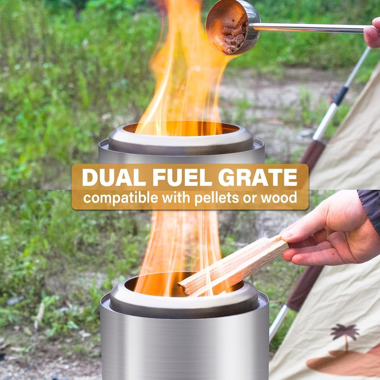 HGD Small Tabletop Fire Pit 9.8 x 8.7 in, Portable Mini Smokeless Table Top Firepit, Low Smoke Camping Stove for Outdoor & Patio, Fueled by Pellets or Wood, with Travel Bag, Stainless Steel, Silver