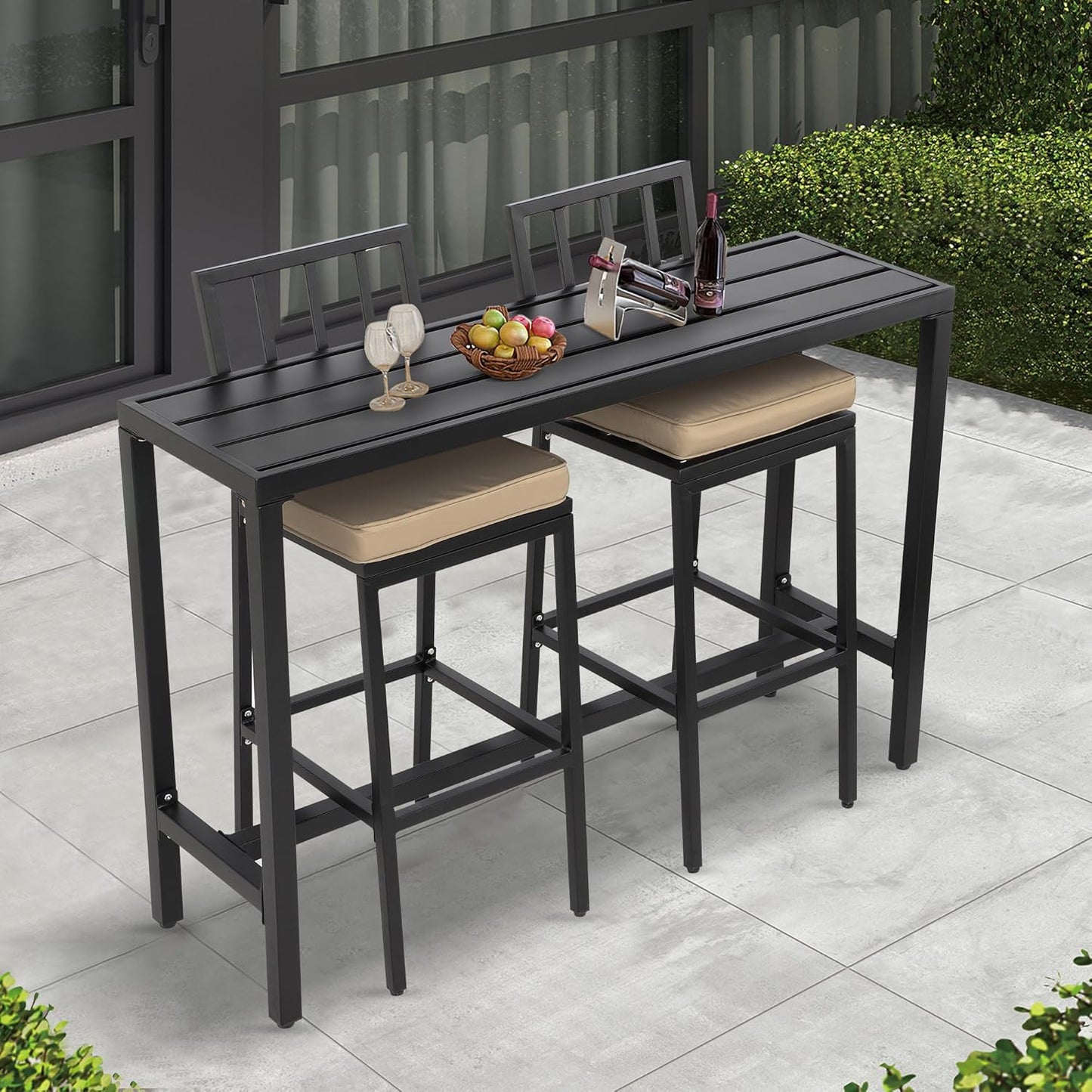 Outdoor Patio Bar Set, Bar Height Patio Dining Set, Weather-Resistant Bistro Counter Pub Set with Cushions & Slatted Tabletop for Backyard, Garden, Yard (47" Table, 2 "X Style Stool, Black)