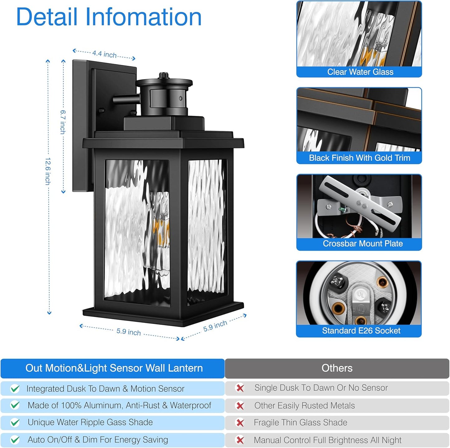 VIANIS Porch Lights Outdoor with Motion Sensor, Dusk to Dawn Outdoor Wall Lights Lantern, Anti-Rust Matte Black Outside Light Fixture Sconce for House, Patio, Garage, Waterproof