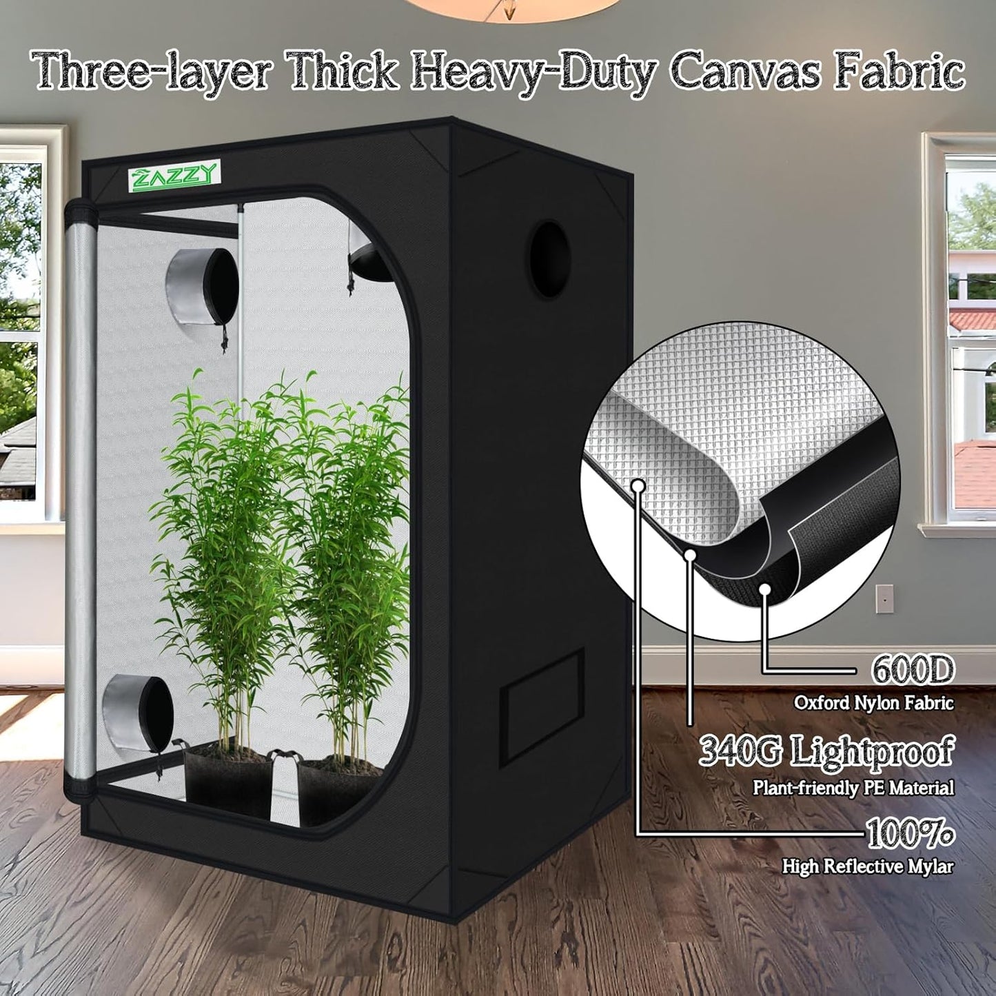 zazzy Grow Tent 60"x60"x78" Hydroponic Grow Tents Heavy Duty Dark Room Grow Reflective Mylar Grow Tent with Window & Floor Tray for Indoor Plant Growing