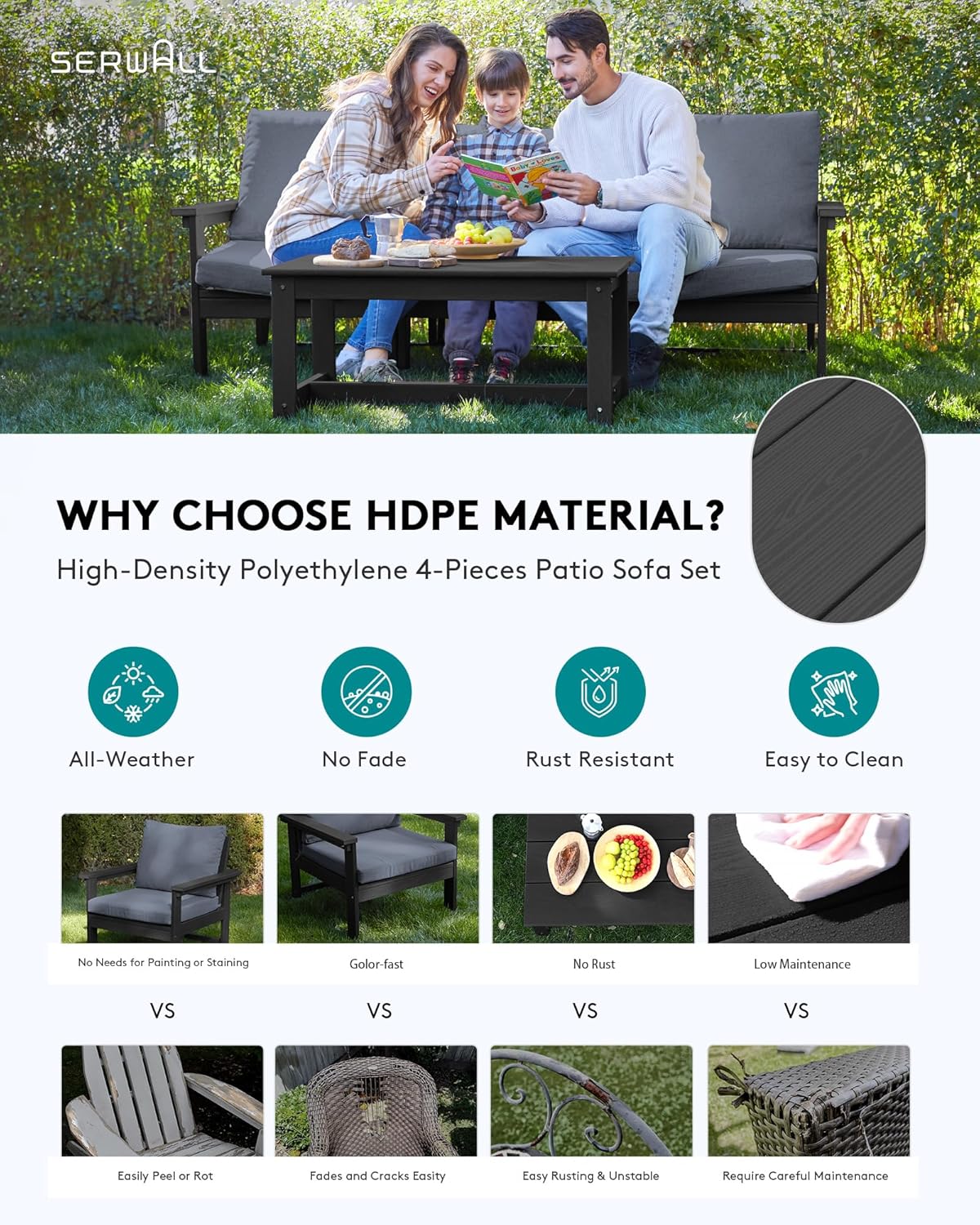 SERWALL HDPE Patio Sofa Set, 4-Piece Sectional Outdoor Furniture Set, All Weather Outdoor Couch Set Patio Furniture Set for Deck, Lawn, Black Frame with Grey Cushion