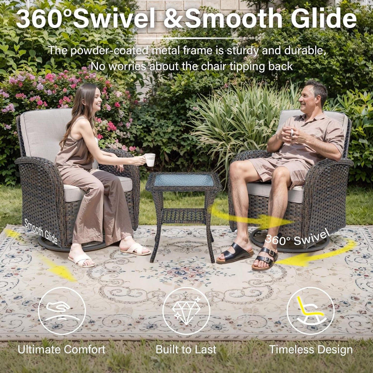 7-Piece Modern Brown Patio Conversation Set - 4 Swivel Glider Chairs & 50,000 BTU Propane Fire Table