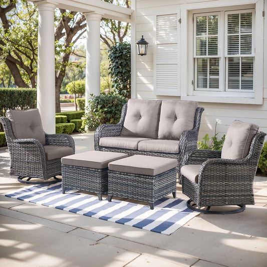 Outdoor Wicker Patio Furniture Set - 5 Piece Rattan Patio Conversation Set with 2 Rocking Swivel Chairs,2 Ottomans and 1 Loveseat for Porch Deck Backyard Garden(Mixed Grey/Grey)