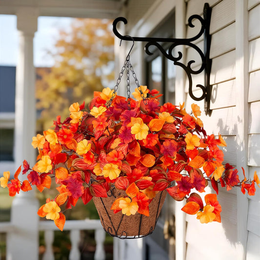 Hanging Artificial Fall Flowers Basket for Outdoors Outside 3PCS Fake Plants Faux Orange Fall Flowers for Outdoors Planters UV Resistant Silk Flowers for Home Porch Patio Garden Autumn Decoration