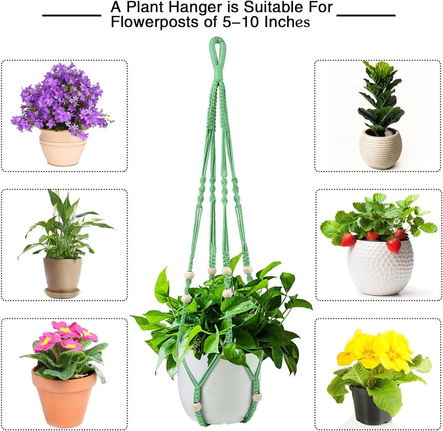 Augshy Macrame Plant Hangers Green Hanging Planters for Indoor Outdoor Home Decor, Hanging Plant Holder No Tassels Set of 2 with 4 Hooks