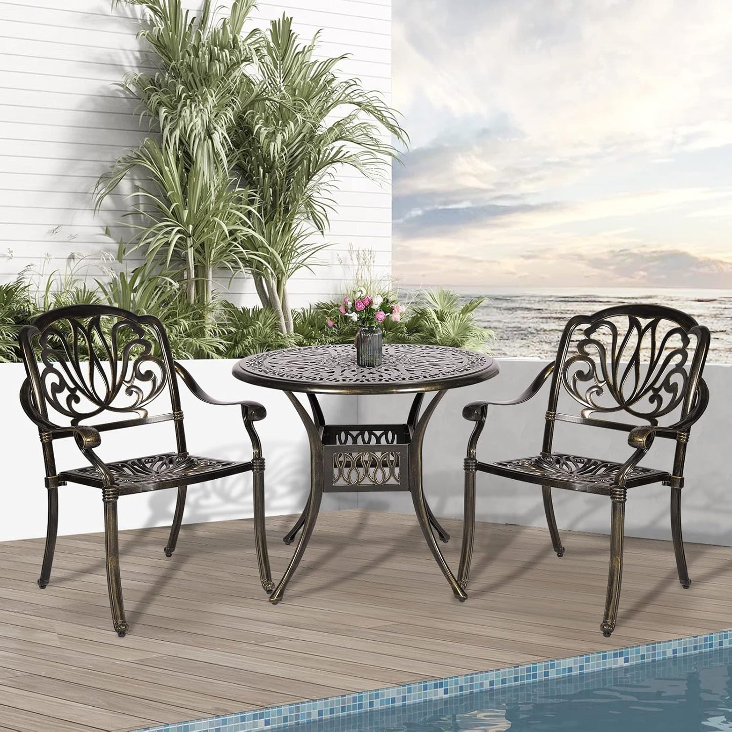 3-Piece Outdoor Patio Dining Set, All-Weather Cast Aluminum Patio Furniture Set for Backyard Garden Deck with 2 Chairs and 35.4” Round Table, 2" Umbrella Hole