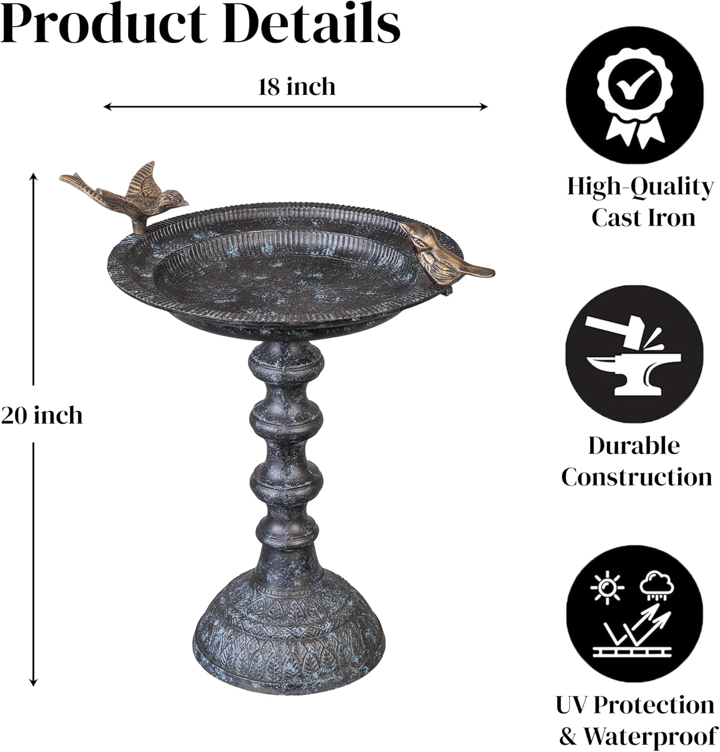 Evergreen Hummingbird Metal Bird Bath Bowl with Stand - Heavy Duty, Ground Standing Bird Bath and Feeder for Garden, Yard, Deck
