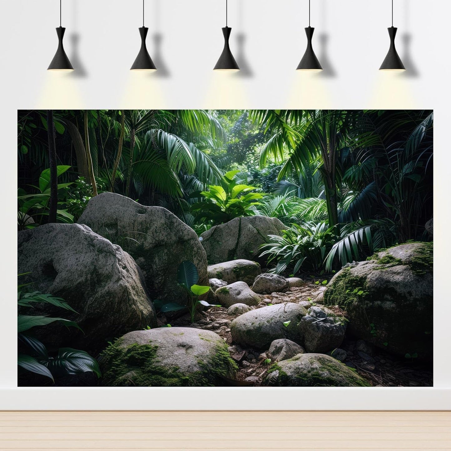 Reptile Habitat Backdrop Lush Tropical Plants and Rocks Terrarium Backdrop Dense Vegetation with Large Broad Leaves and Ferns Fish Tank Background Aquarium Wallpaper Poster Decor Vinyl 36x20in