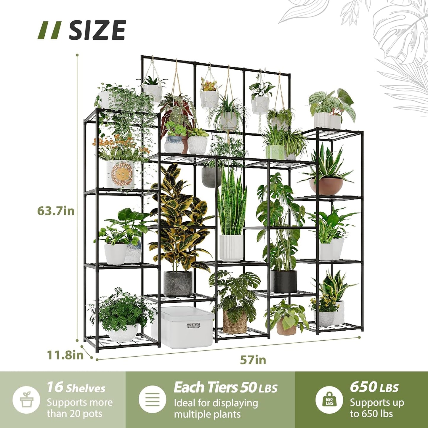 Metal Plant Stand Outdoor 63" Tall Plant Shelf for Plants 14-Tier Large Plant Sheves for Indoor Plants Living Room Heavy Duty Rack Garden Balcony Patio Hanging Planter