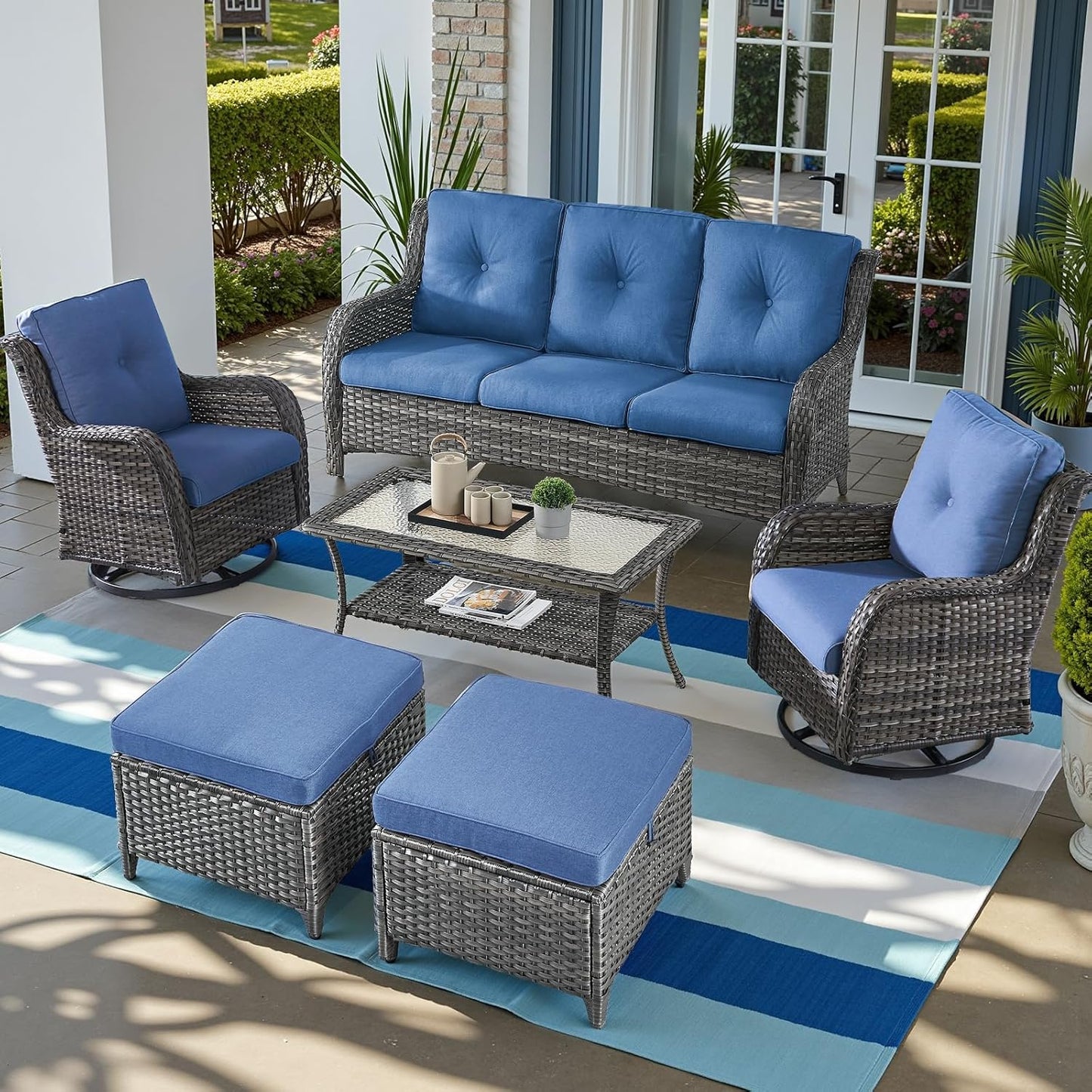 Outdoor Wicker Patio Furniture Set - 6 Piece Rattan Patio Conversation Set with 2 Rocking Swivel Chairs,2 Ottomans,1 Sofa and 1 Coffee Table for Porch Deck Backyard Garden(Mixed Grey/Blue)