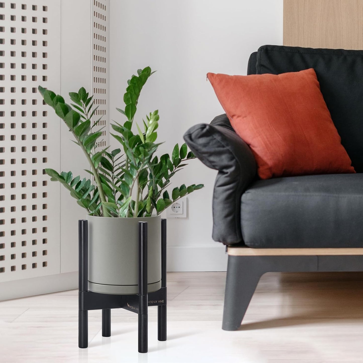 D'vine Dev Ceramic Planter with Ebony Stand - 8 Inch Modern Round Flower Pot with Wood Planter Holder, Grey, 55-B-M-3