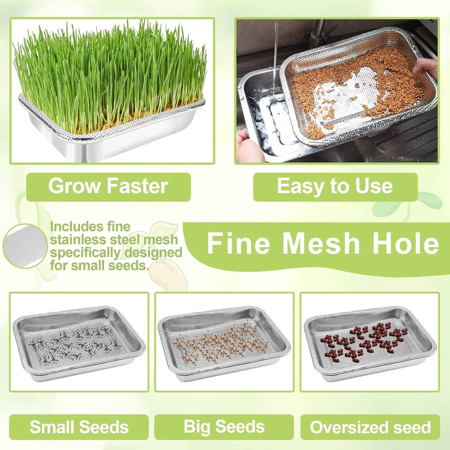 Stainless Steel Sprouts Growing Kit 4-Tier 14 inch Trays, Microgreens Growing Kit, Seed Sprouting Tray with Encrypted Mesh Sprouts for Beans Alfalfa Broccoli Wheat Grass