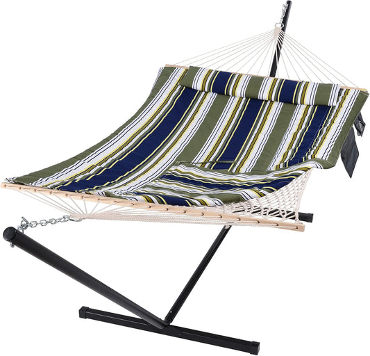SUNCREAT Hammocks Double Outdoor Hammock with Stand, Cotton Rope Two Person Hammock with Polyester Pad & Large Pillow, Blue& Gray