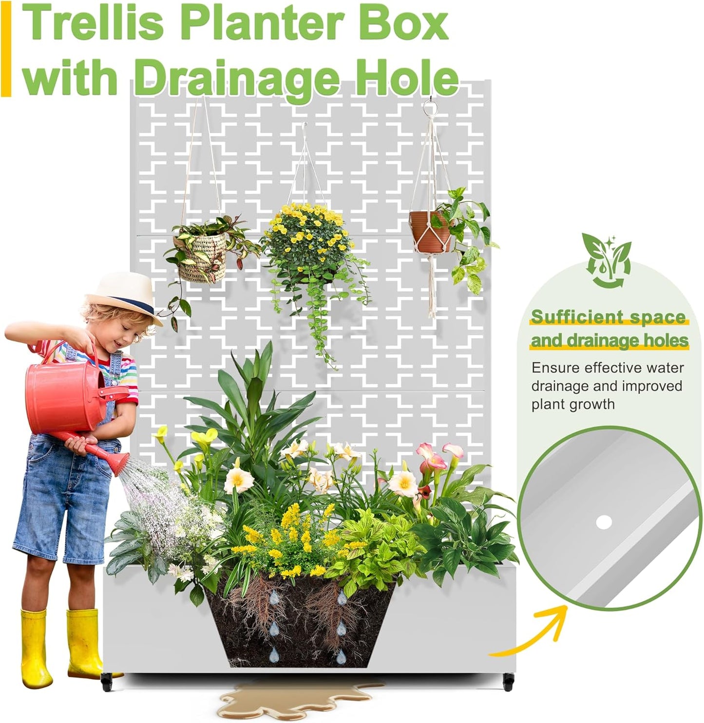 FENCY Metal Raised Garden Bed with Wheels and Trellis,73"x47"x16" Planter Box for Climbing Plants, Vegetables & Vines, Features Privacy Screen and Drainage Holes (White-Square)