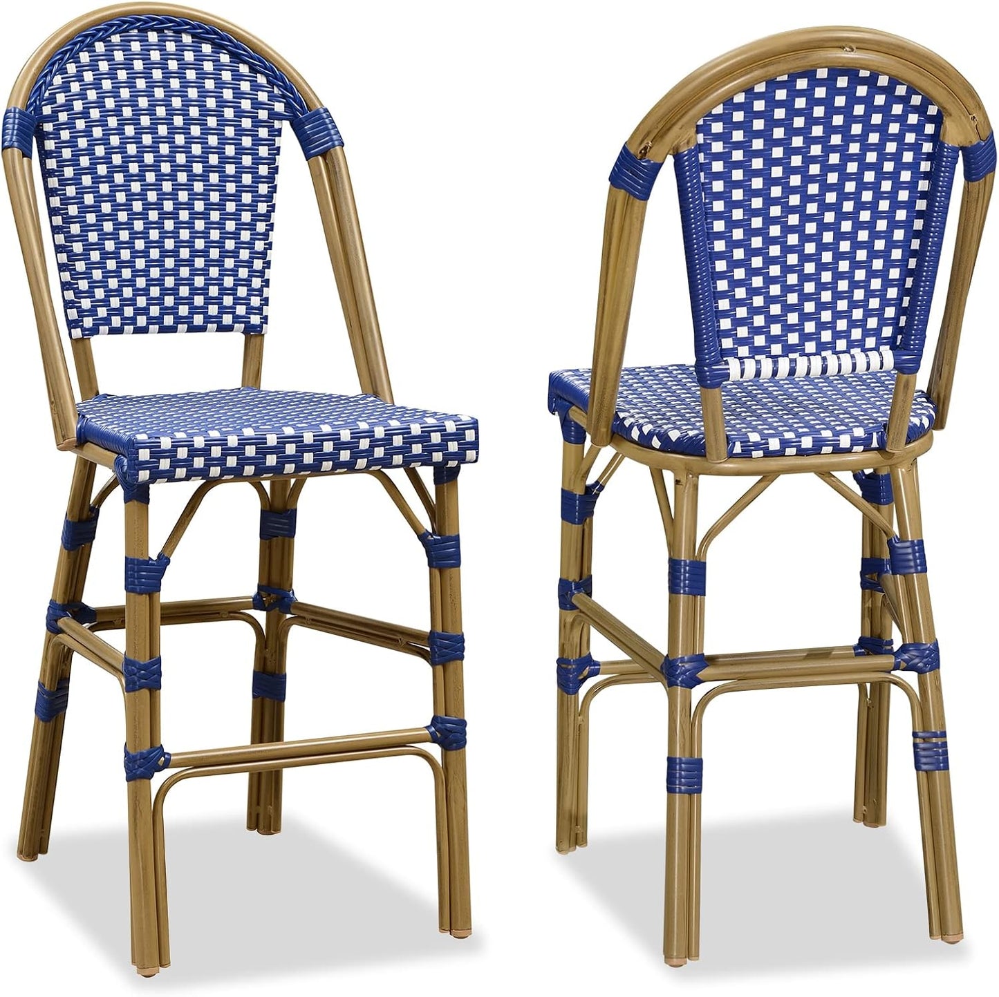 PURPLE LEAF French Counter Height Bar Stool Set of 2 25" Bamboo Print Finish Patio Bar Chairs with Back Rattan Bar Chairs French Bistro Set for Kitchen Outdoor Counter Stool Royal Blue