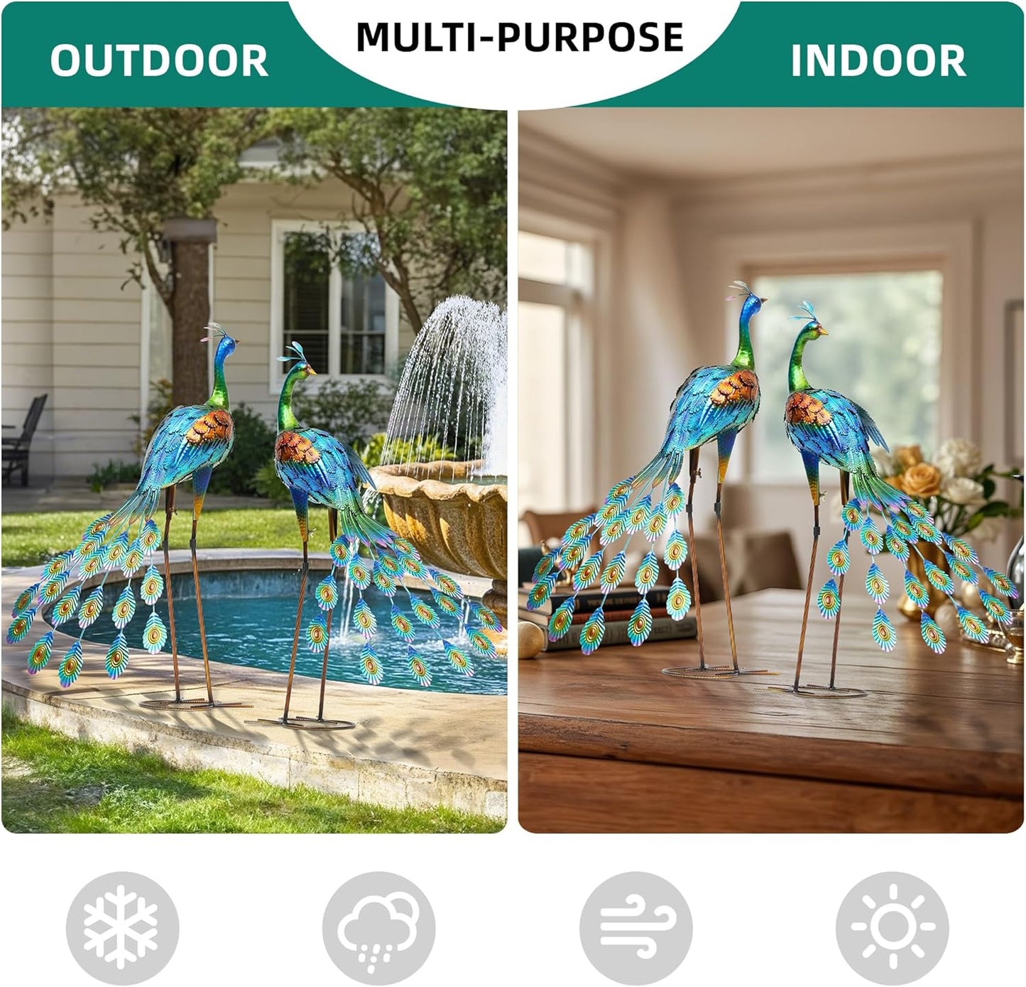 32" Metal Peacock Yard Decor - Handmade Oversize Peacock Sculptures with Stable Ground Stakes, Backyard Decoration, Metal Garden Art.