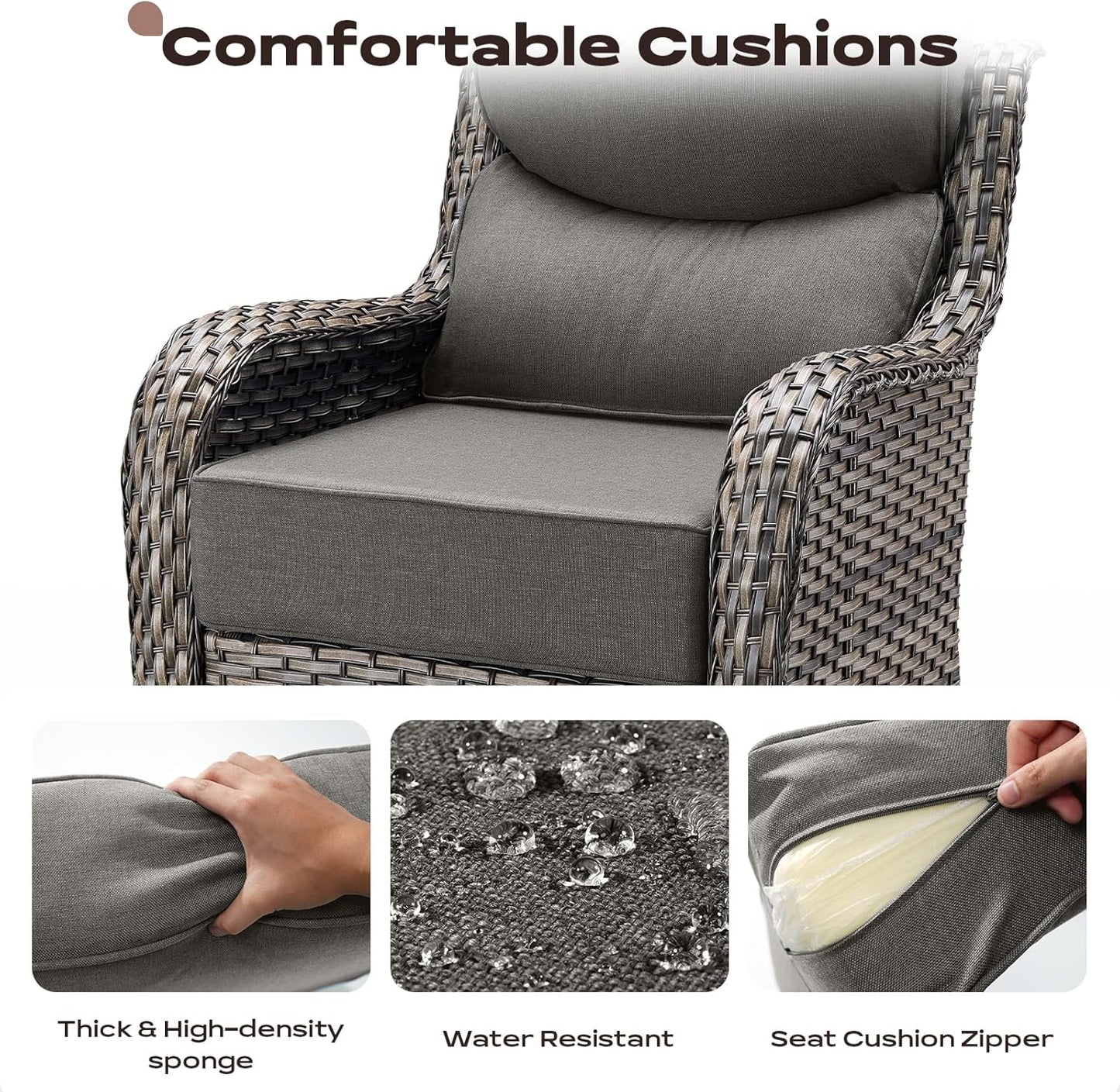 Outdoor Patio Swivel Rocker Chairs Set of 2, Waterproof Wicker, High Back, Deep Seating, Wide Armrest, Upgraded 6 inch Thick Cushions, Side Table, Ideal for Deck Porch Yard, Mixed Grey-Grey