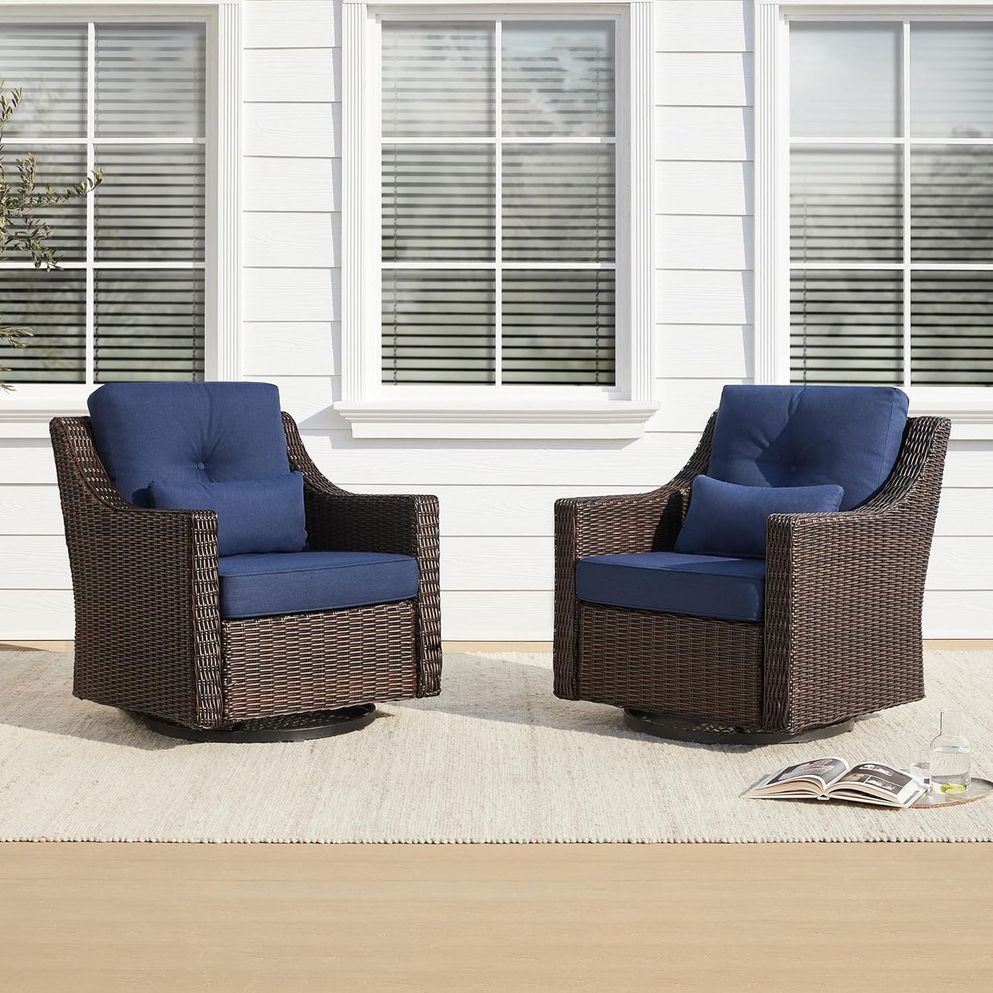 CHITA 2 Pieces Patio Wicker Chairs, 360° Rocking Swivels Outdoor Rattan Chair with Thickened Cushions for Backyard, Poolside, Garden or Porch